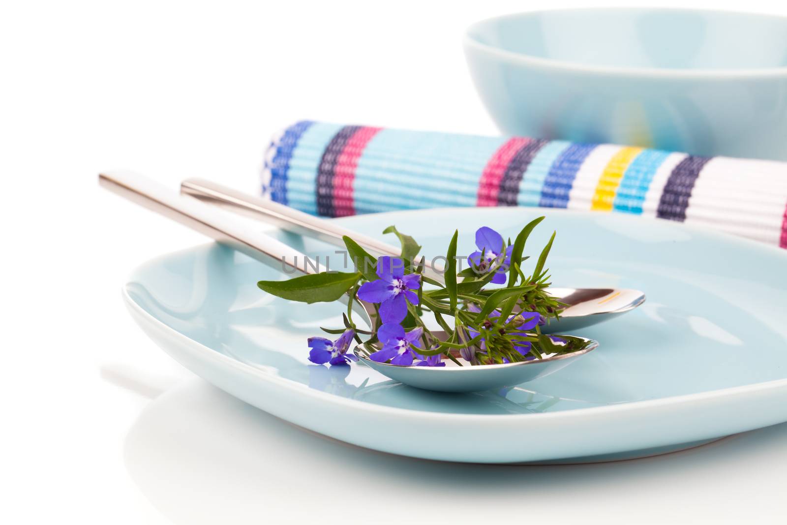 tableware with blue lobelia flowers and cutlery, on a white background.