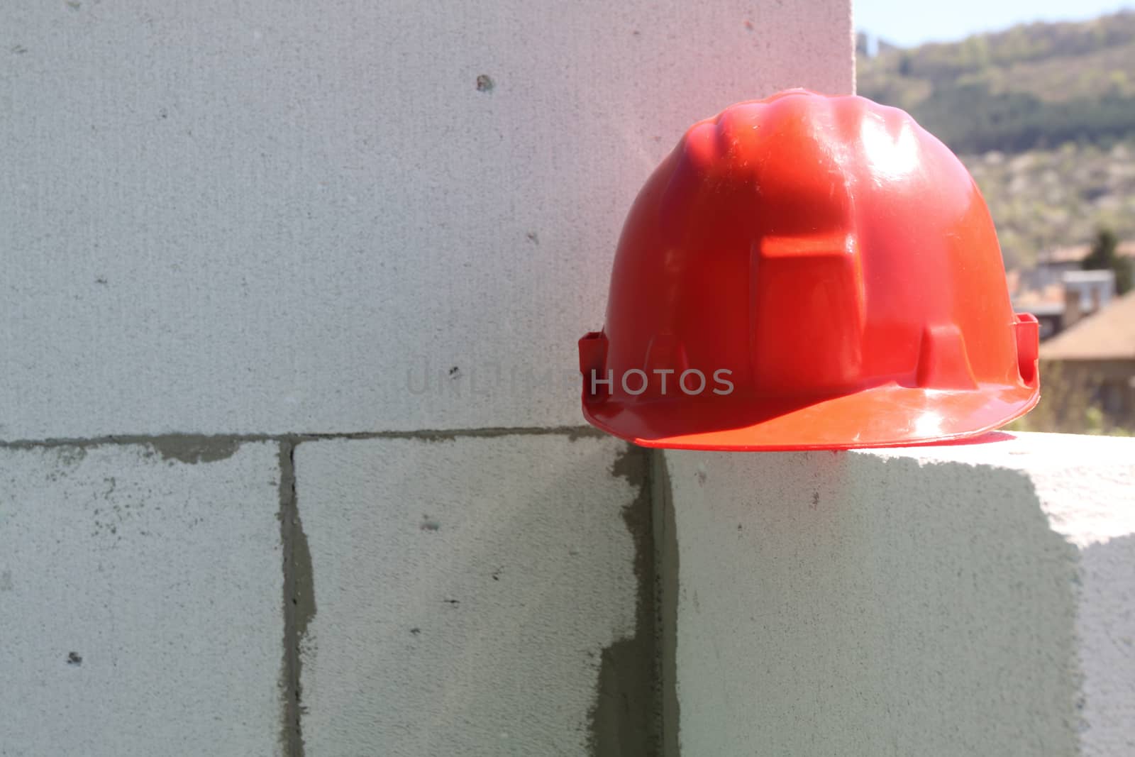 Red helmet  on work place 