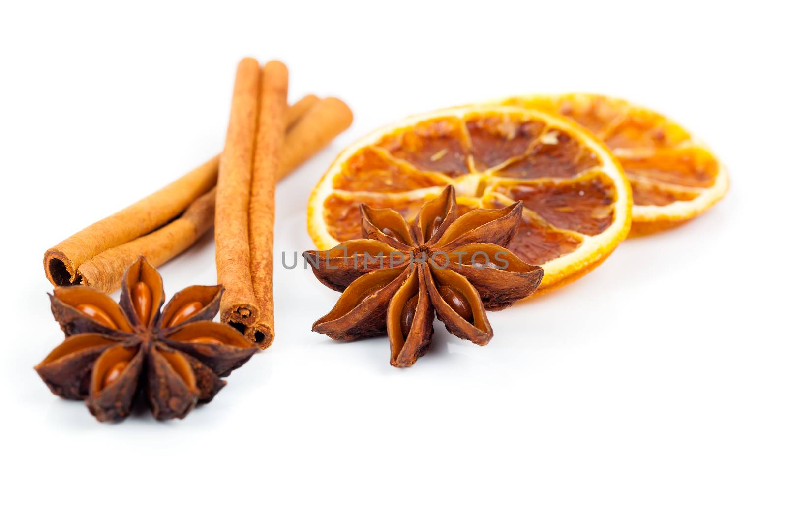 dry orange, cinnamon and Star Anise with copy space, on white background