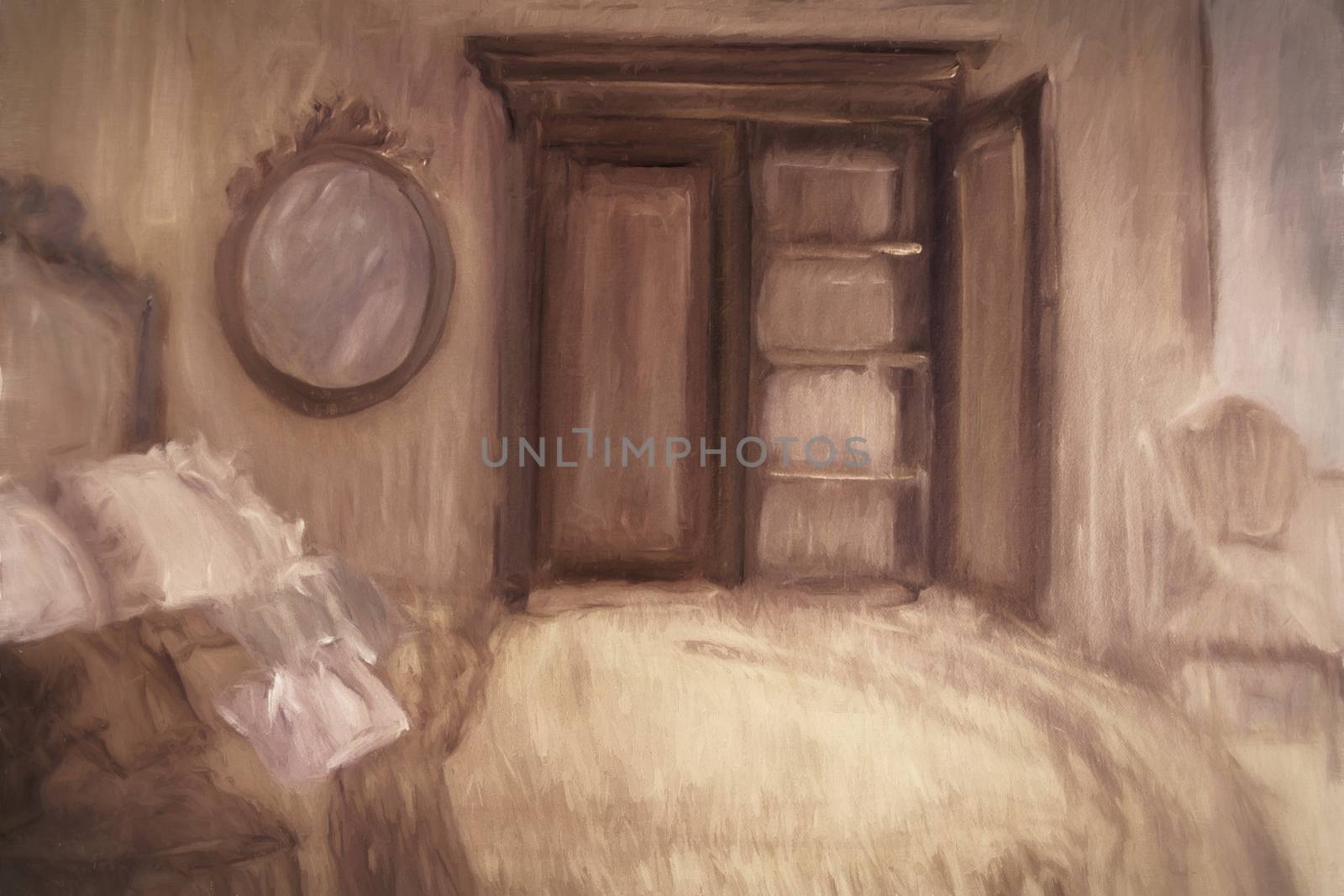 Oil painting of a bedroom, digitally altered by Sandralise