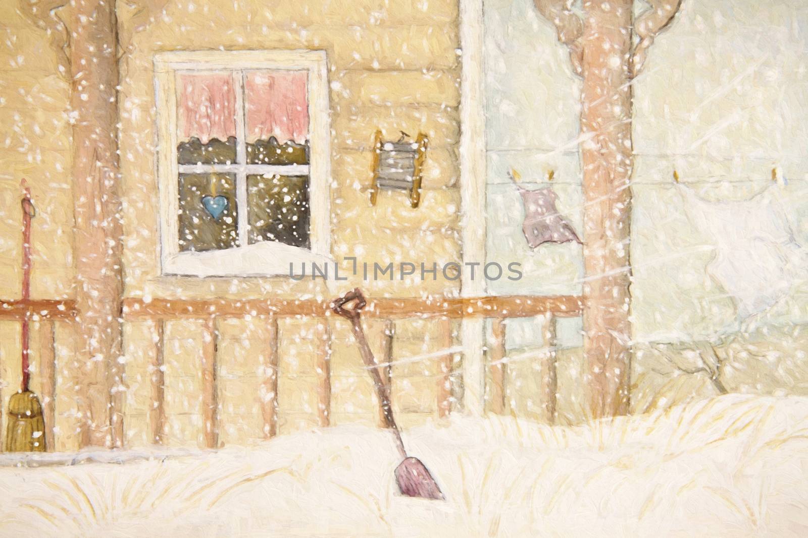 Front porch in snow with clothesline, digitally altered by Sandralise