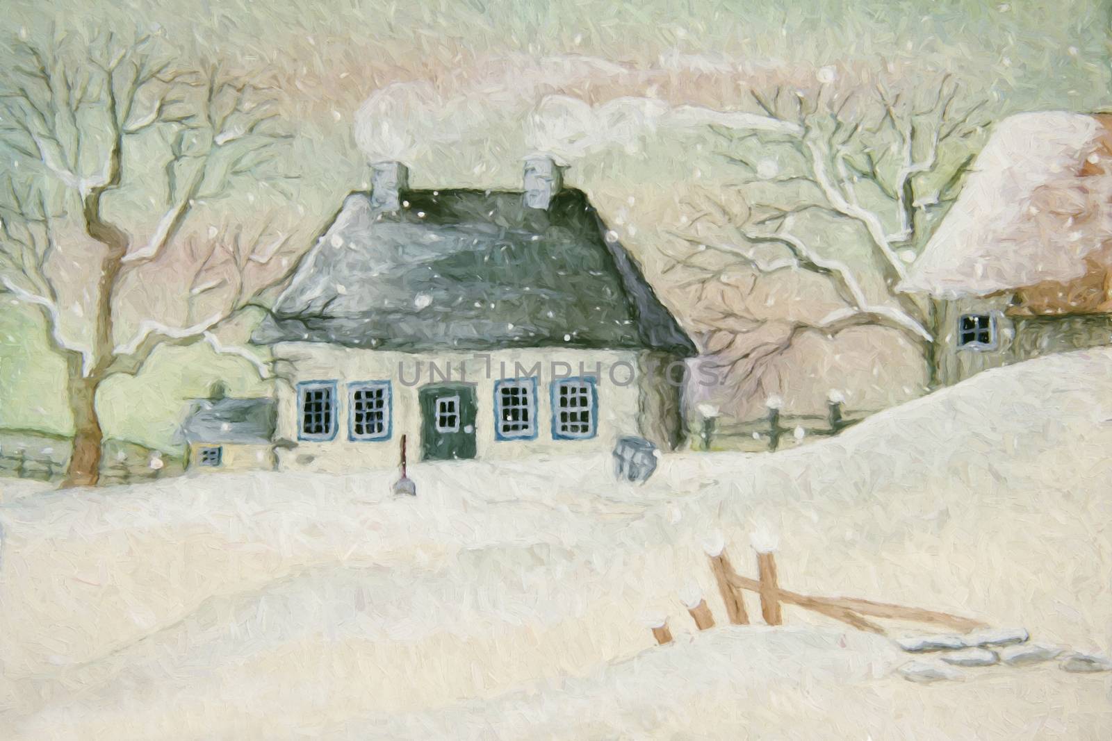 Old house in the snow, painted digitally