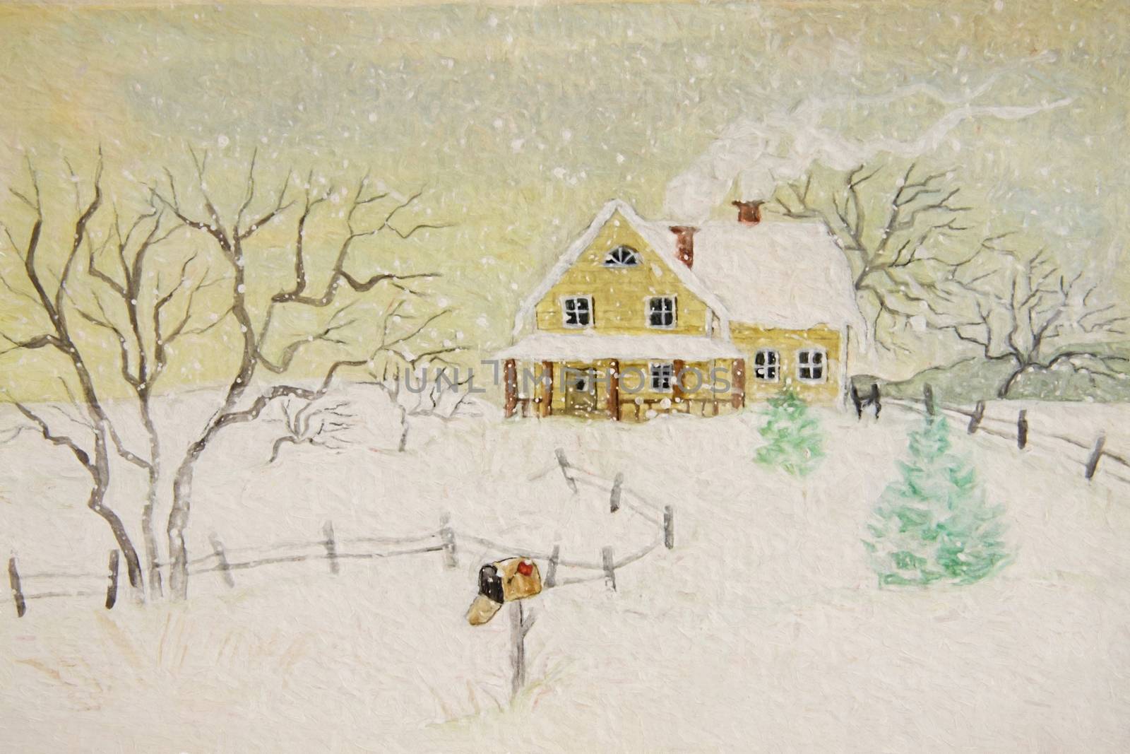 Winter painting of house with mailbox, digitally altered by Sandralise