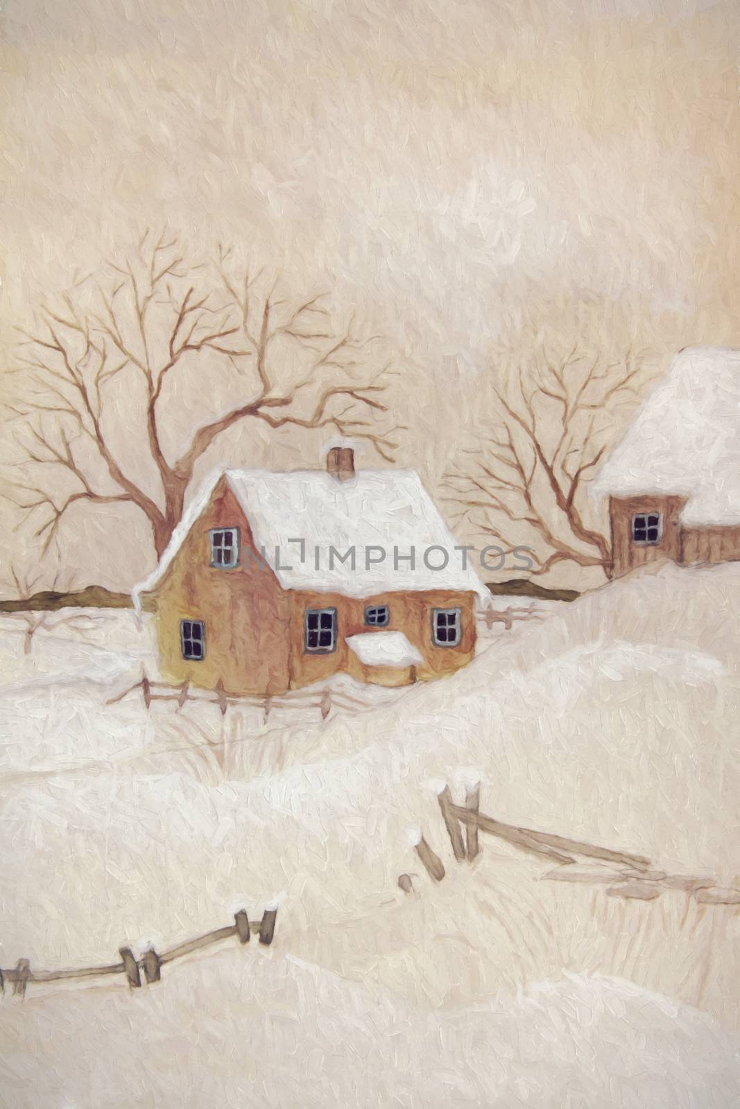 Winter scene with farmhouse, digitally altered