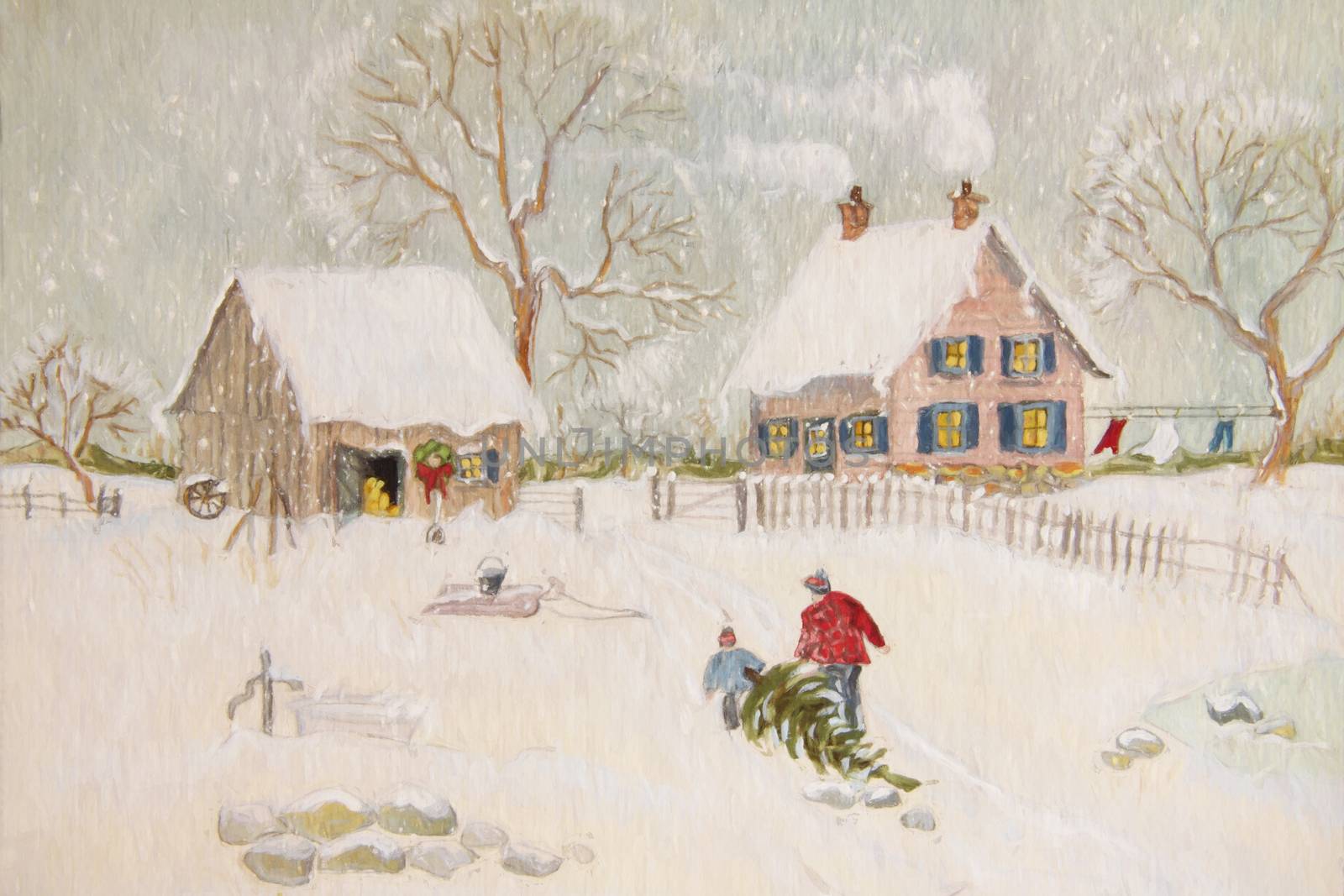 Winter scene of a farm with people, digitally altered by Sandralise