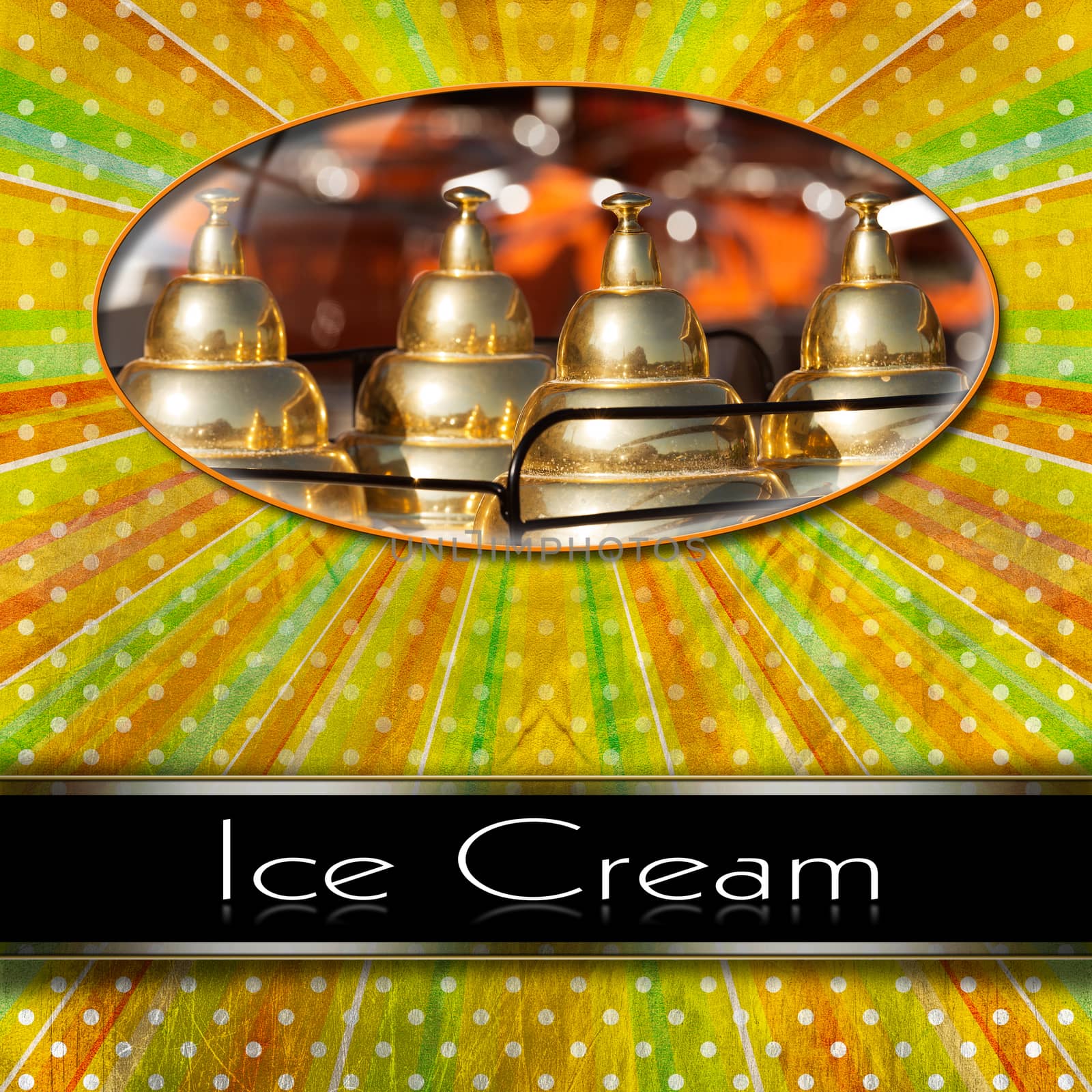 Vintage background with sunbeams stripes, detail of an ice cream cart and black band with text Ice Cream. Template for a ice cream menu