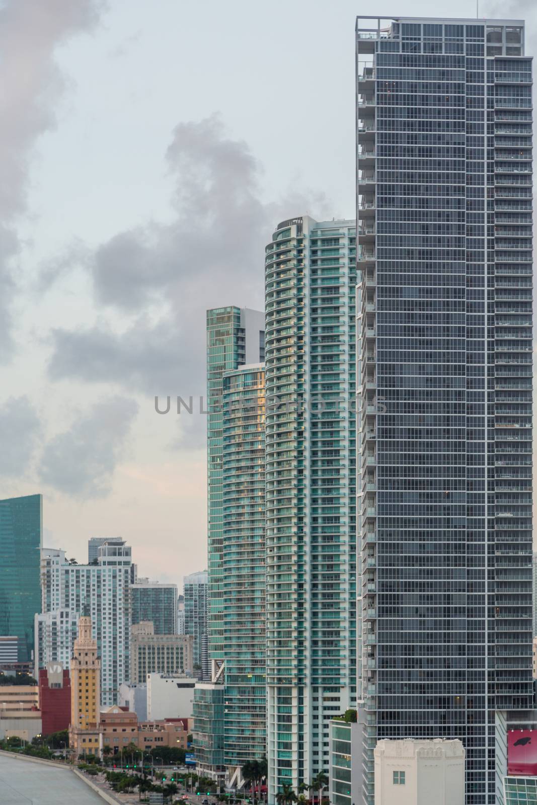 Aerial view of the downtown area of Miami, Florida, showing the colorful skyscrapers and densely packed buildings