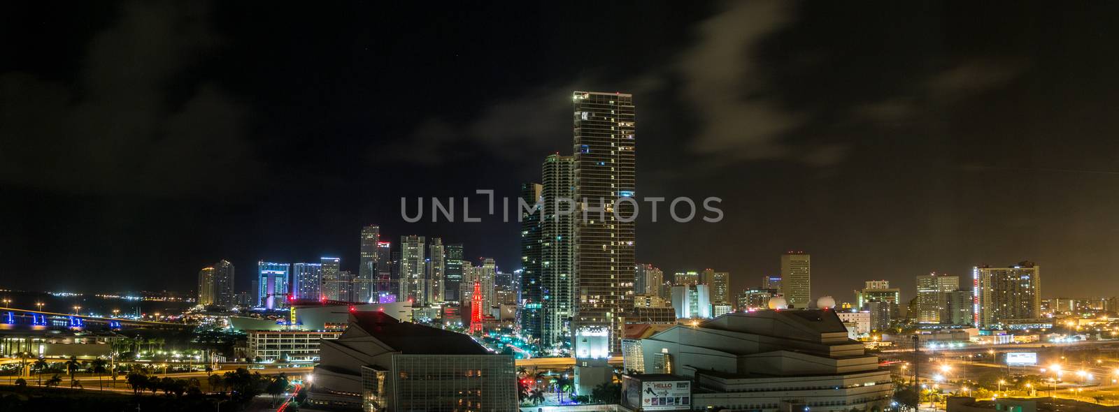 Aerial view of the downtown area of Miami, Florida, showing the colorful skyscrapers and densely packed buildings