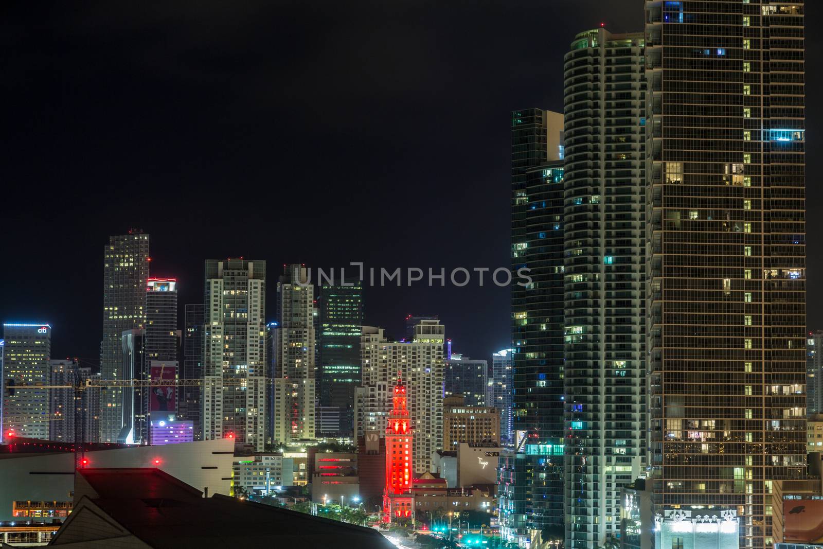 Aerial view of the downtown area of Miami, Florida, showing the colorful skyscrapers and densely packed buildings