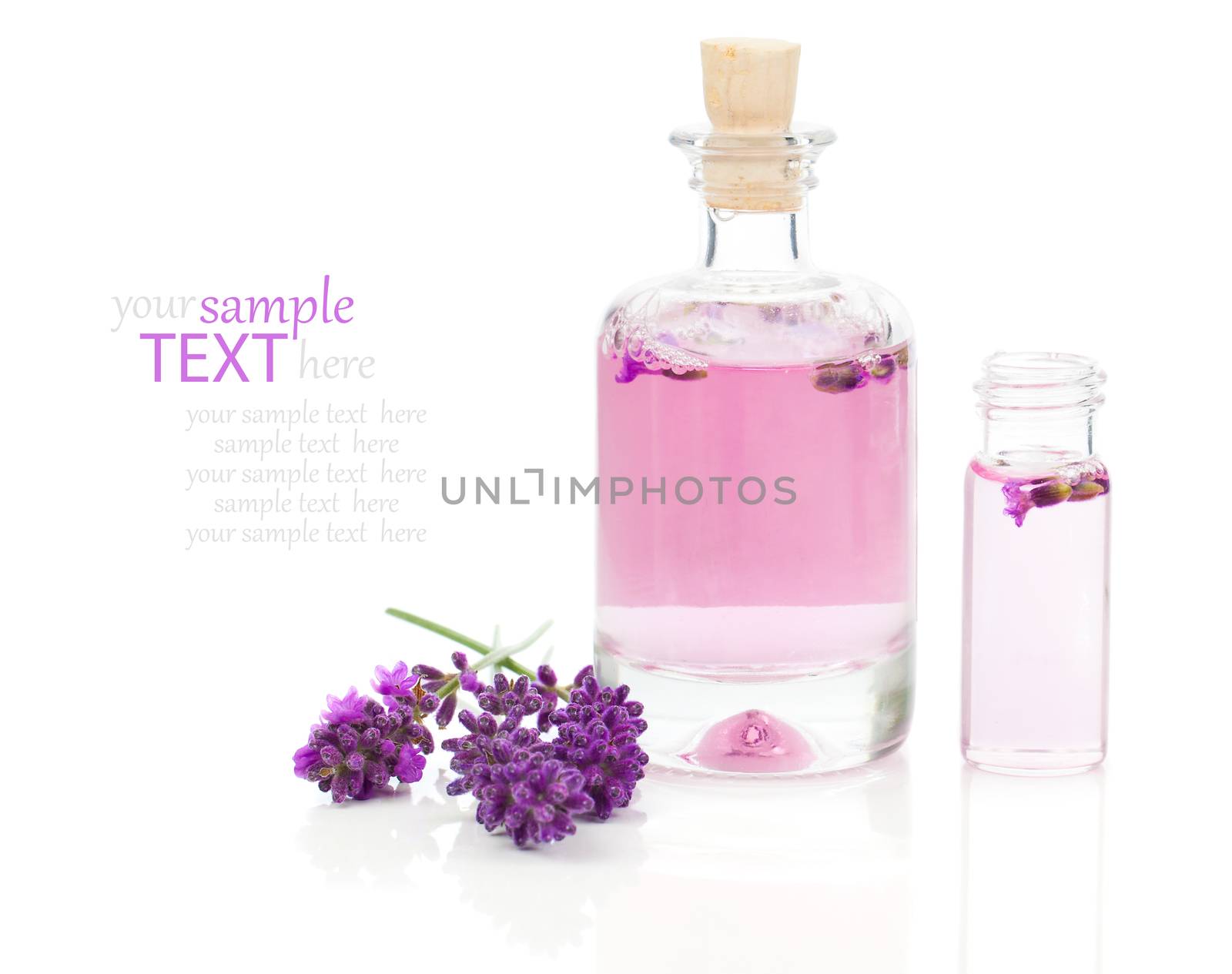 fresh lavender blossoms with Natural handmade lavender oil, on white background