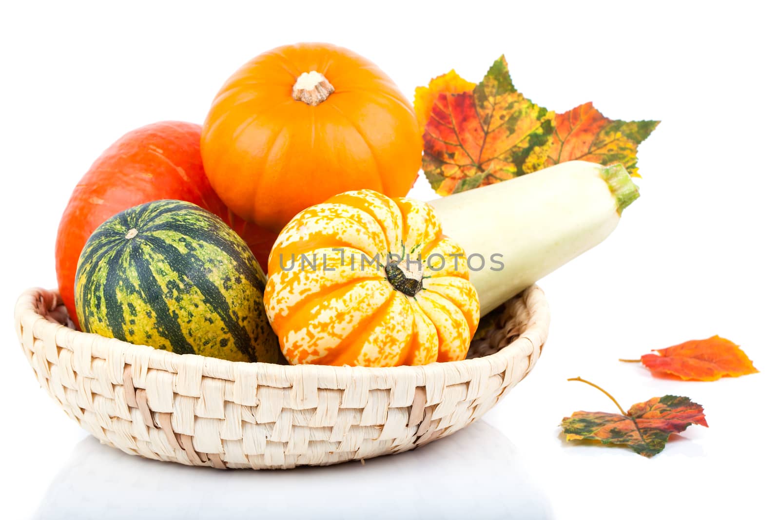 yellow pumpkins vegetables in basket, isolated on white background
