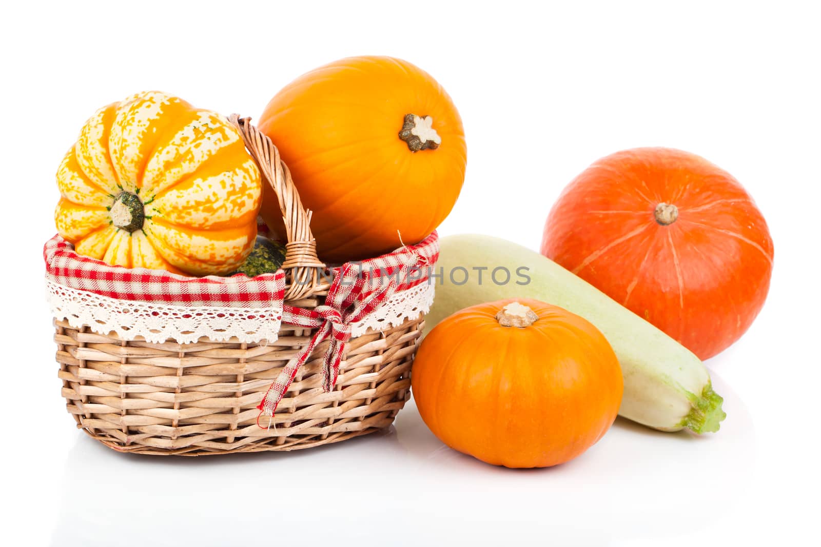 yellow pumpkins vegetables in basket, isolated on white background