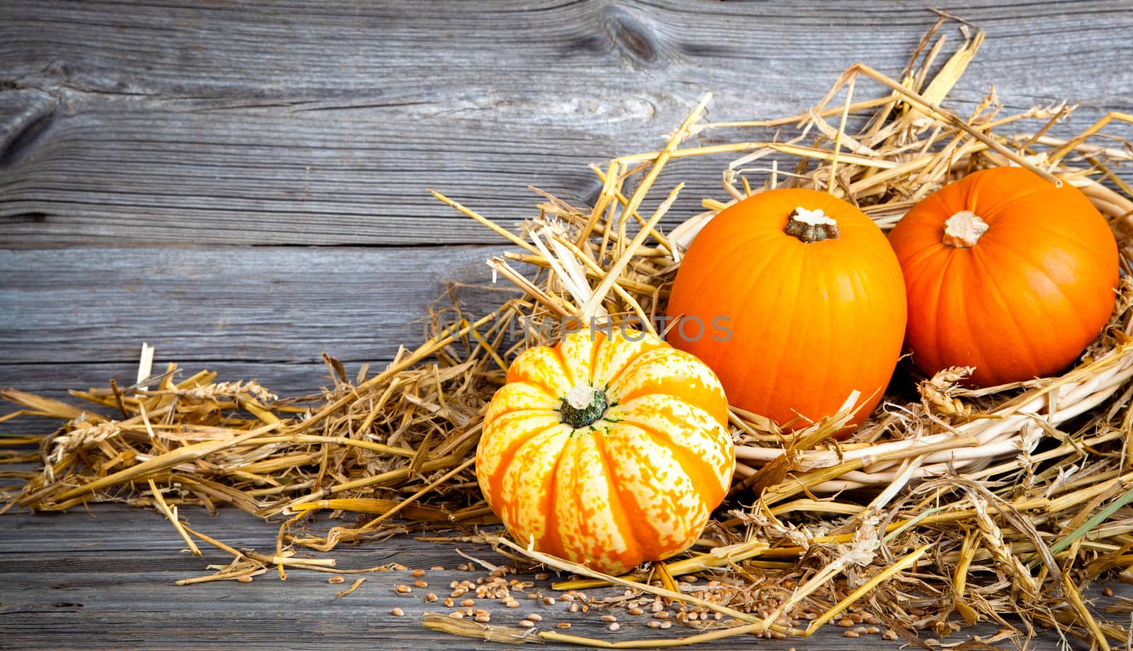 Autumn pumpkins on wooden board, straw