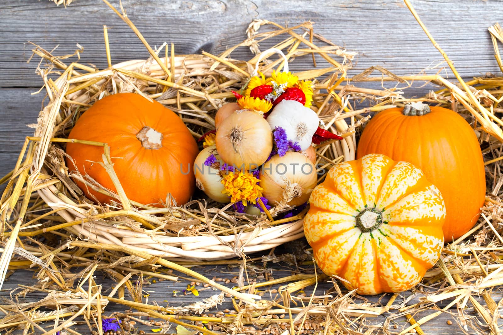Autumn pumpkins on wooden board, straw