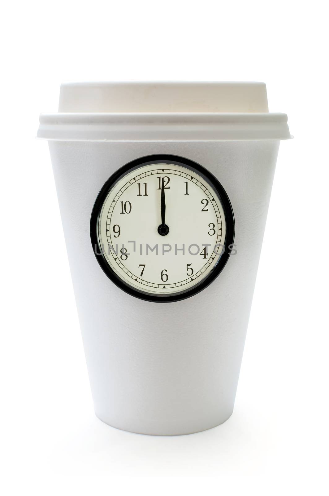 Time to take a coffee break concept with clock face inside a plastic cup 