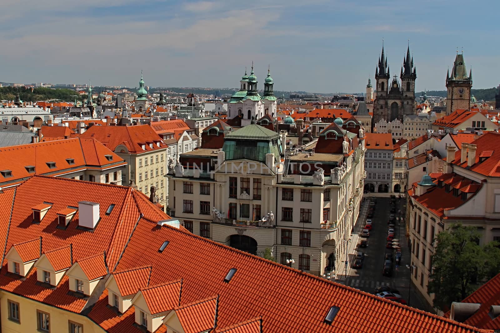 Photo shows details of Prague red roofs and old houses.