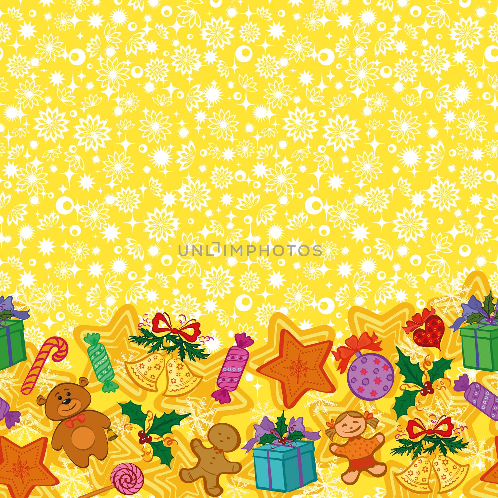 Christmas holiday seamless horizontal pattern with cartoon characters and elements.
