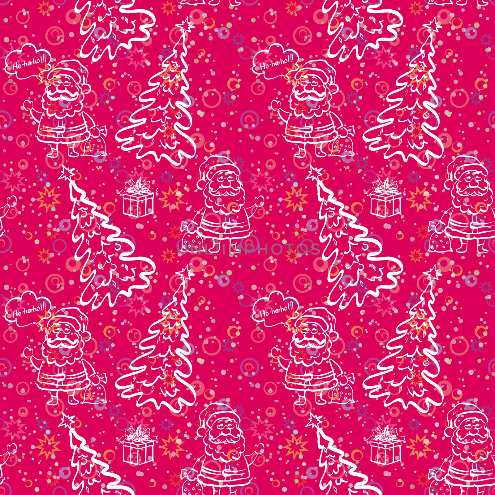 Christmas seamless pattern for holiday design, cartoon Santa Claus and fir tree, white contours on red background.
