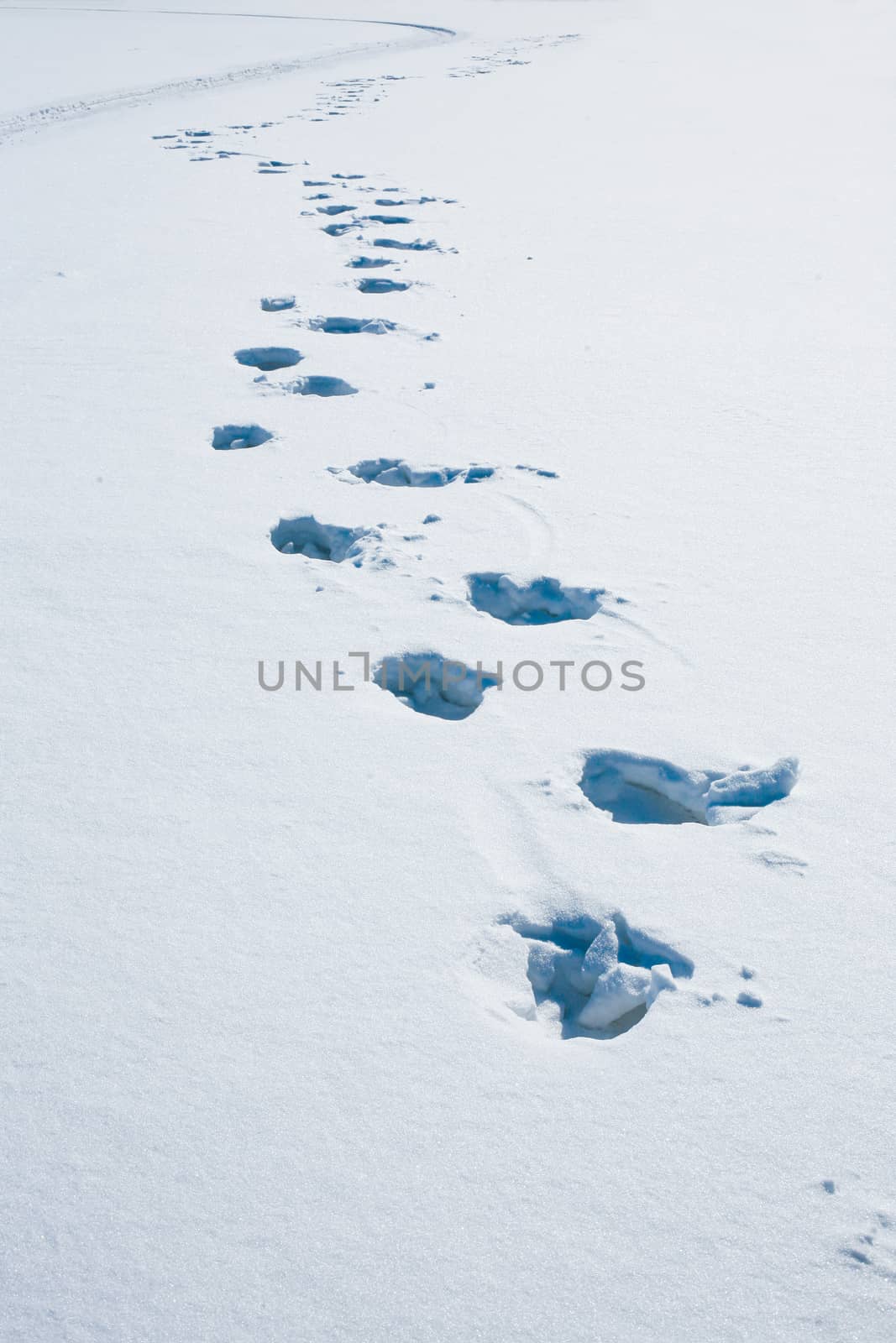 Traces of the person on smooth snow plain