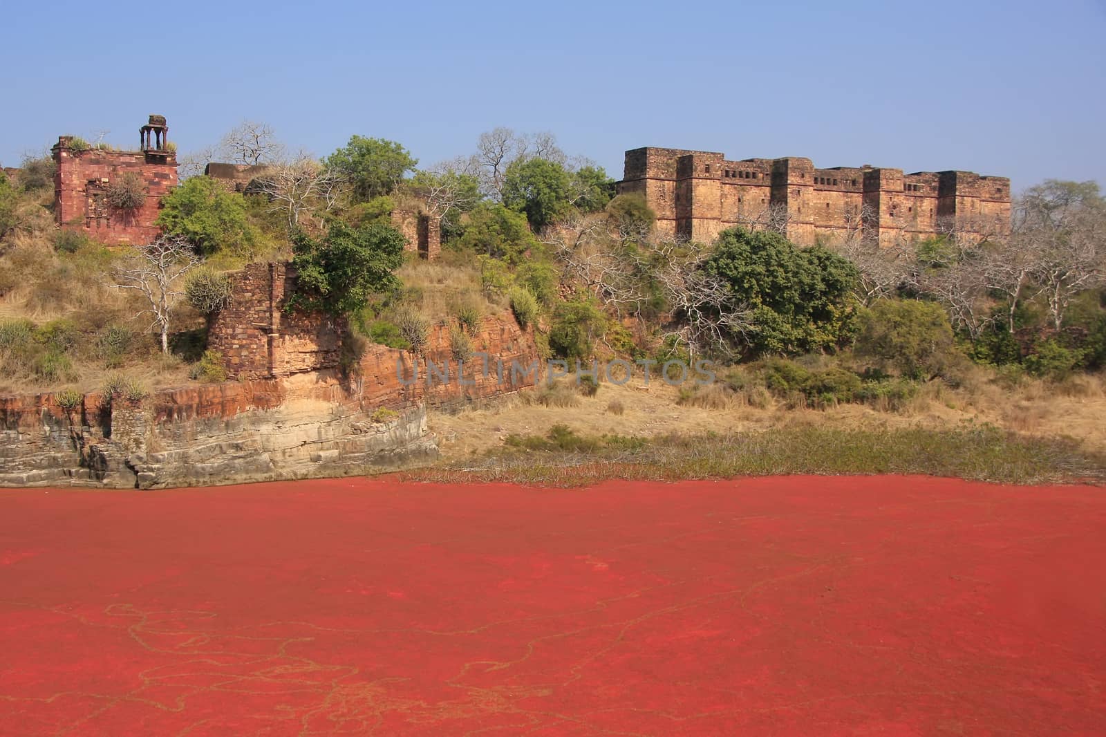 Ranthambore Fort and red lake, Rajasthan, India