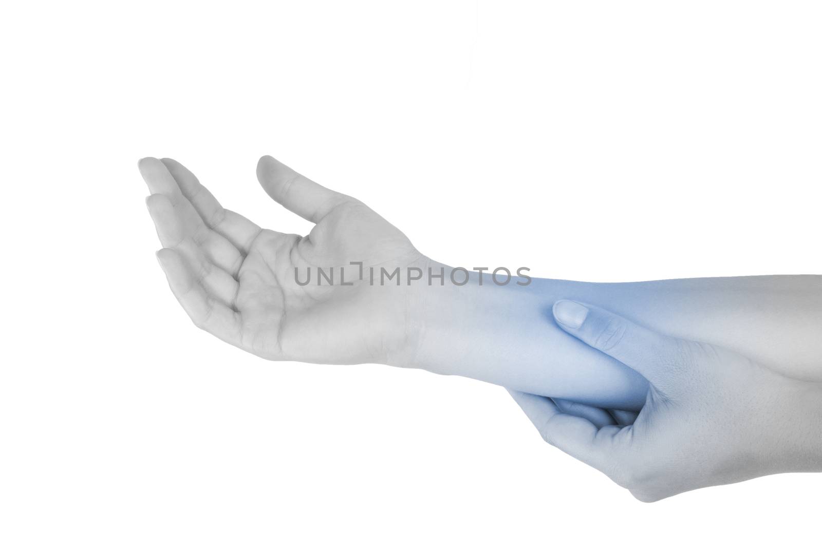 Mouse elbow. Repetitive stress injury. Forearm muscle strain. Female hand touching forearm isolated on white background. 
