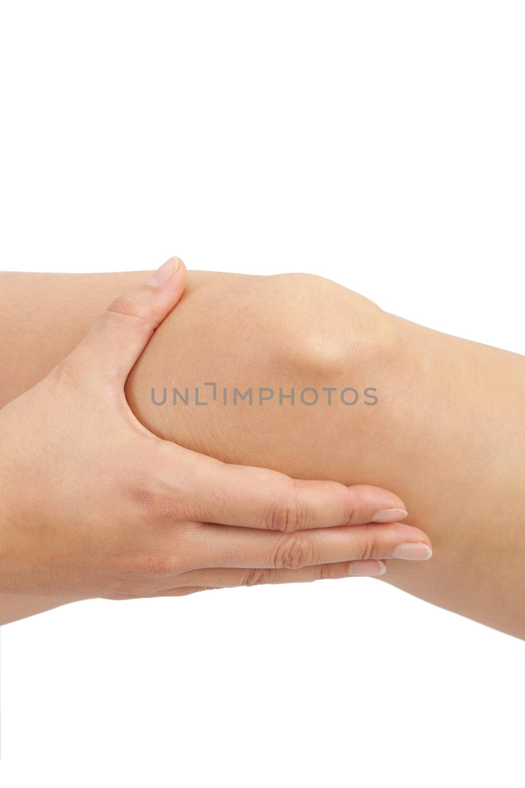 Knee injury. Woman holding her knee isolated on white background. 