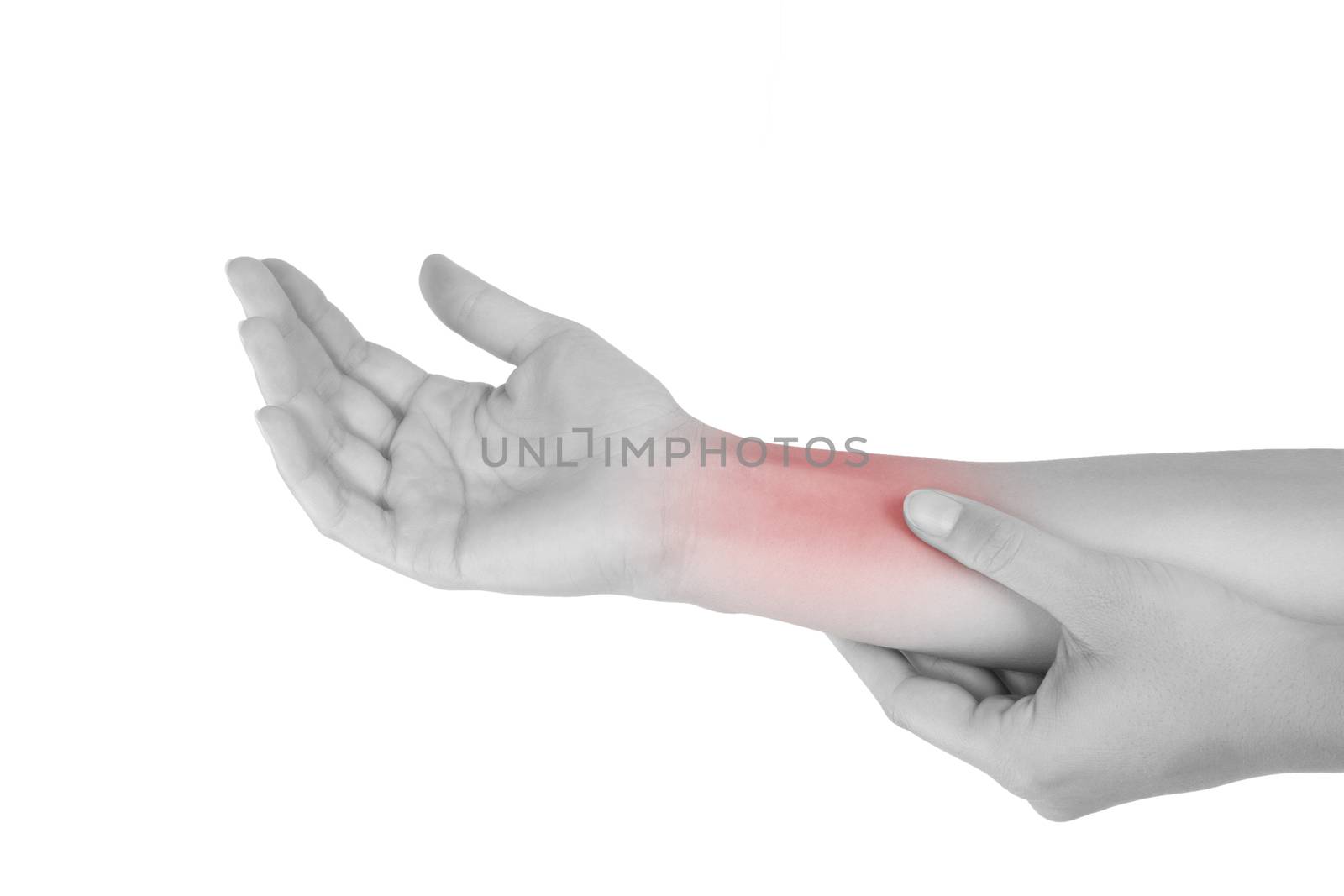 Forearm muscle strain. Female hand touching forearm isolated on white background. 