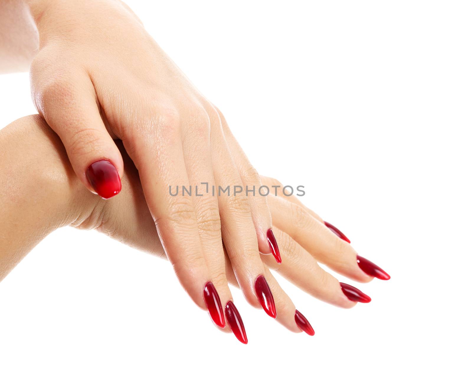 Female hands with red fingernails, white background, isolated