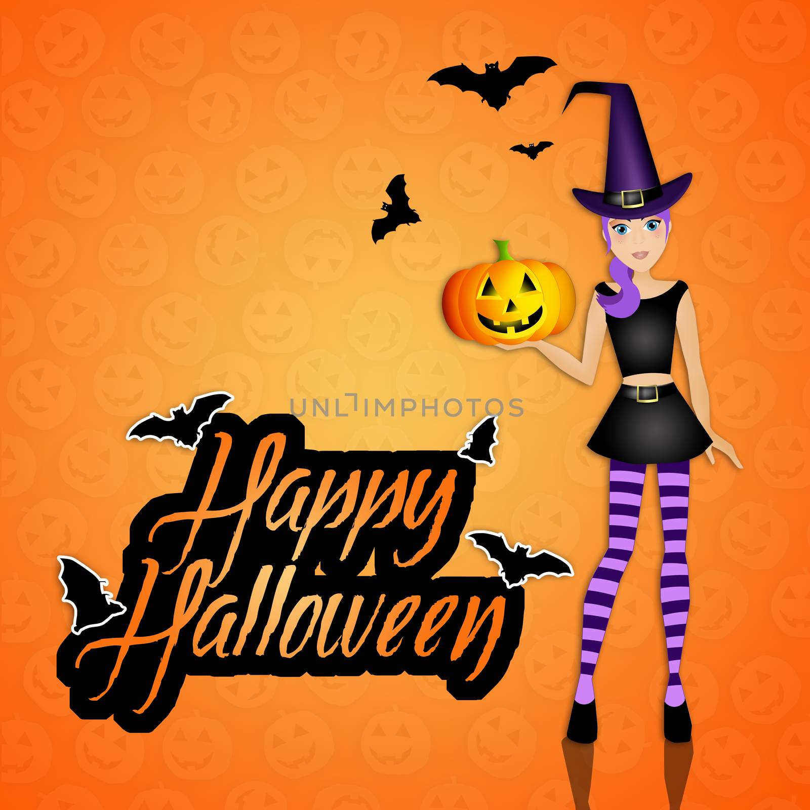 illustration of witch with pumpkin for Happy Halloween