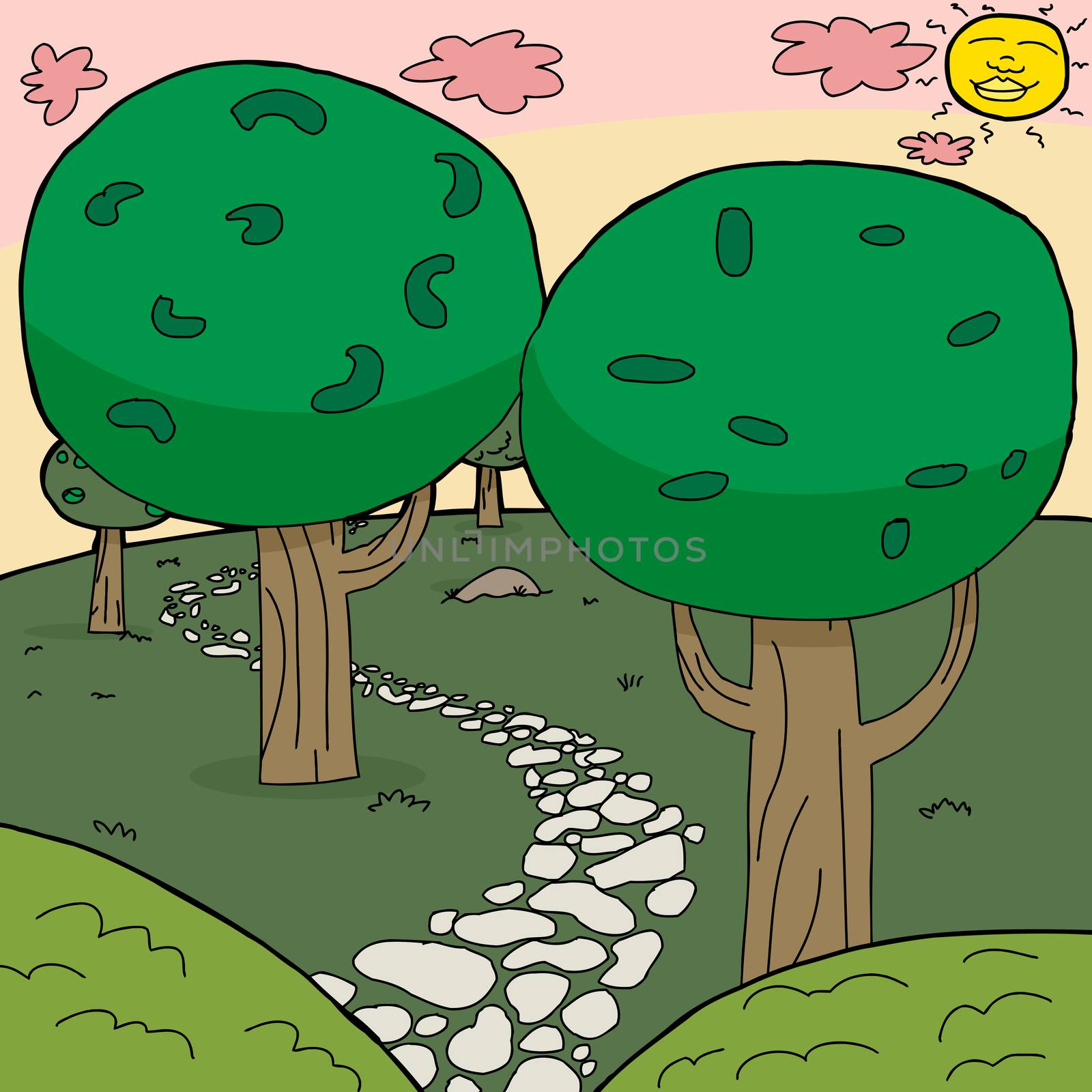 Empty stone path winding through cartoon forest background