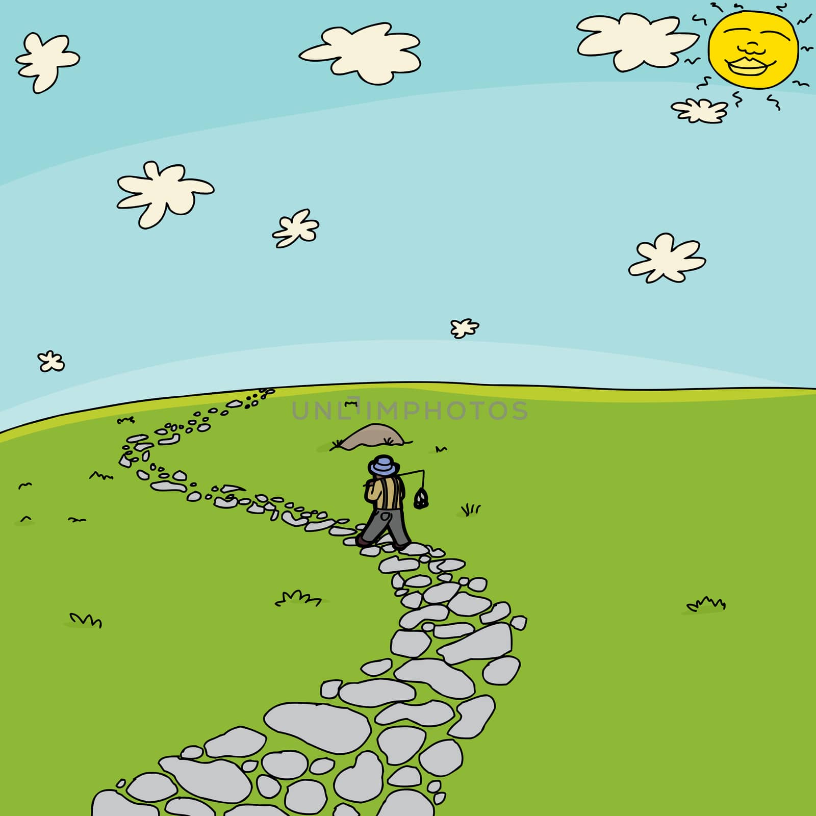 Cartoon landscape background with fisherman walking on stone path