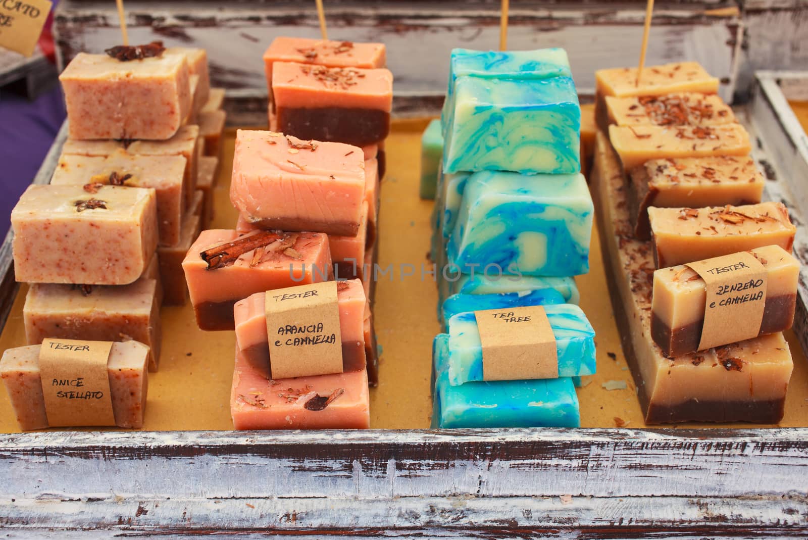 View of homemade soaps in the street market