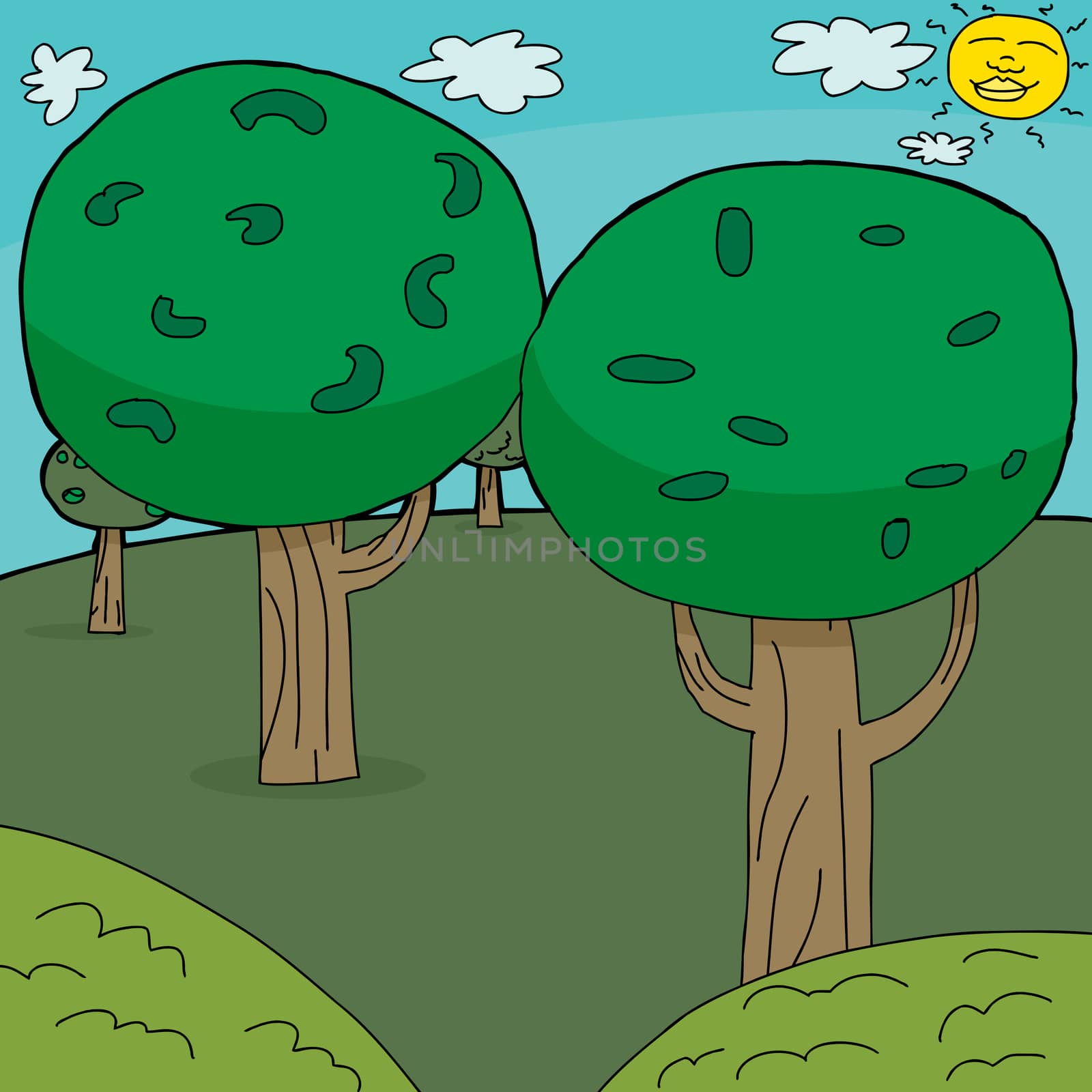 Cartoon green trees in forest with smiling sun