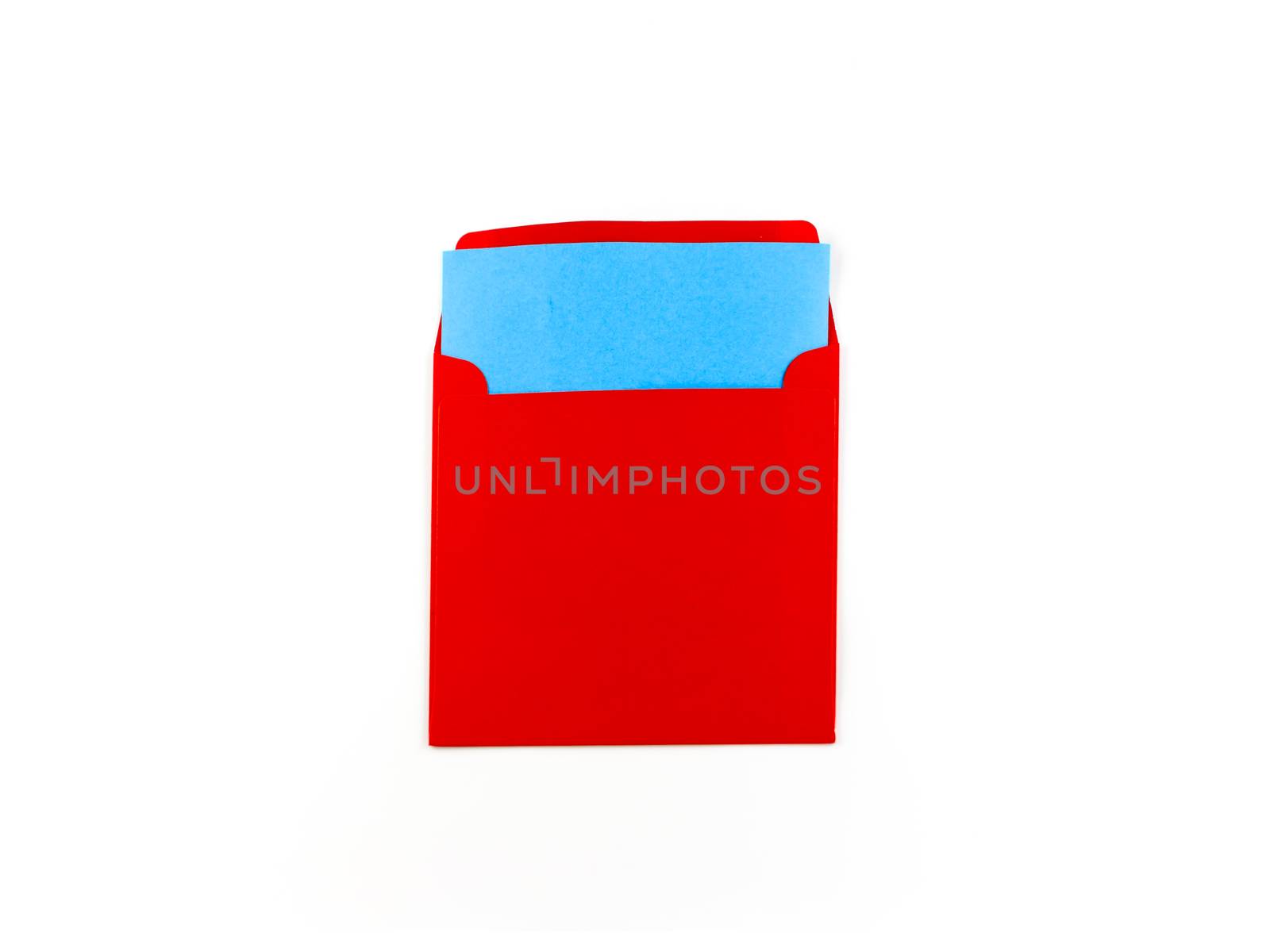 red envelope with blue note on a white background
