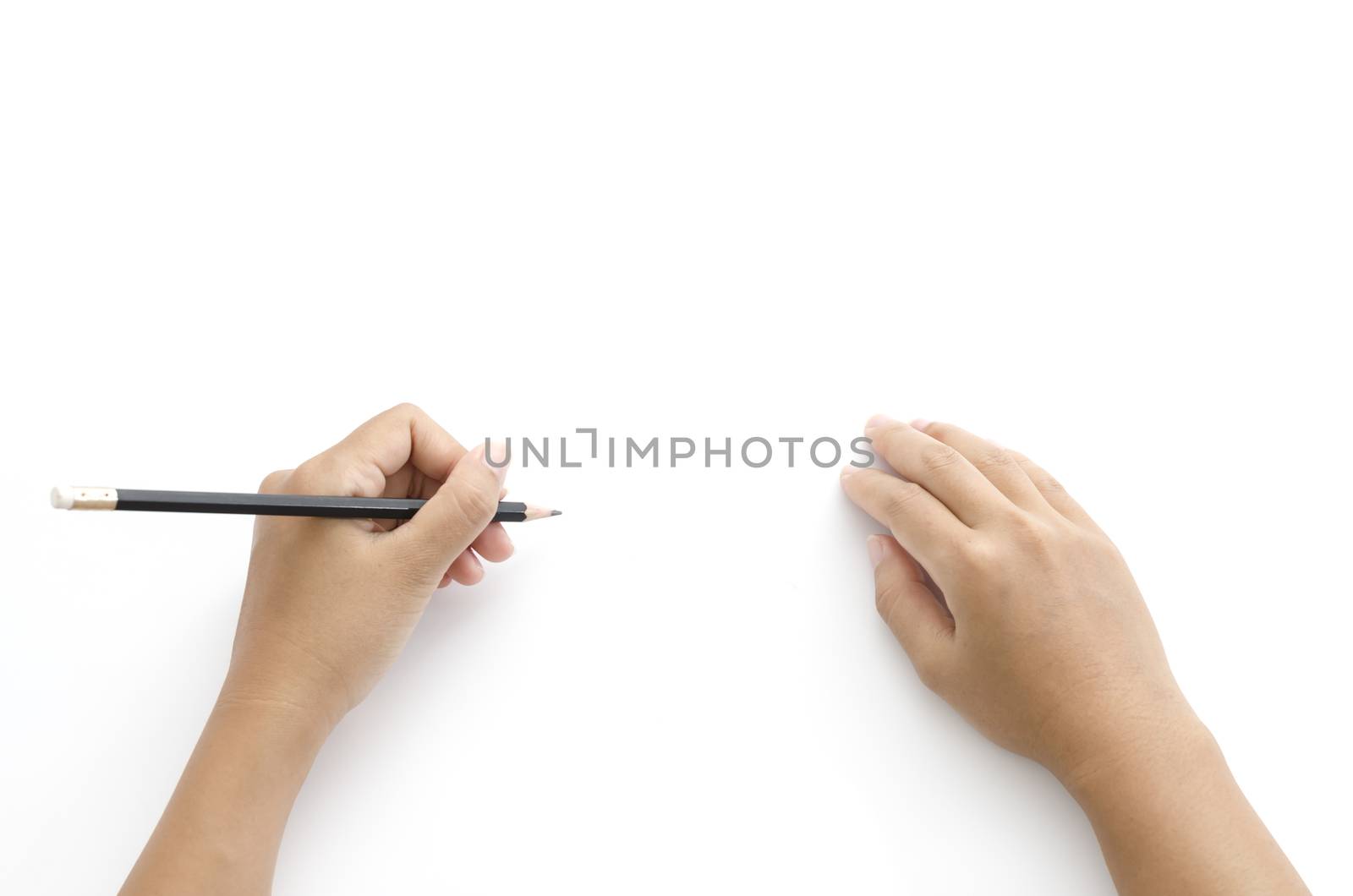 asia woman left hand writing on a white background