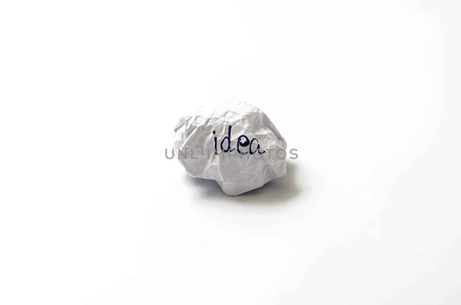 white crumpled paper ball focus idea word on a white background