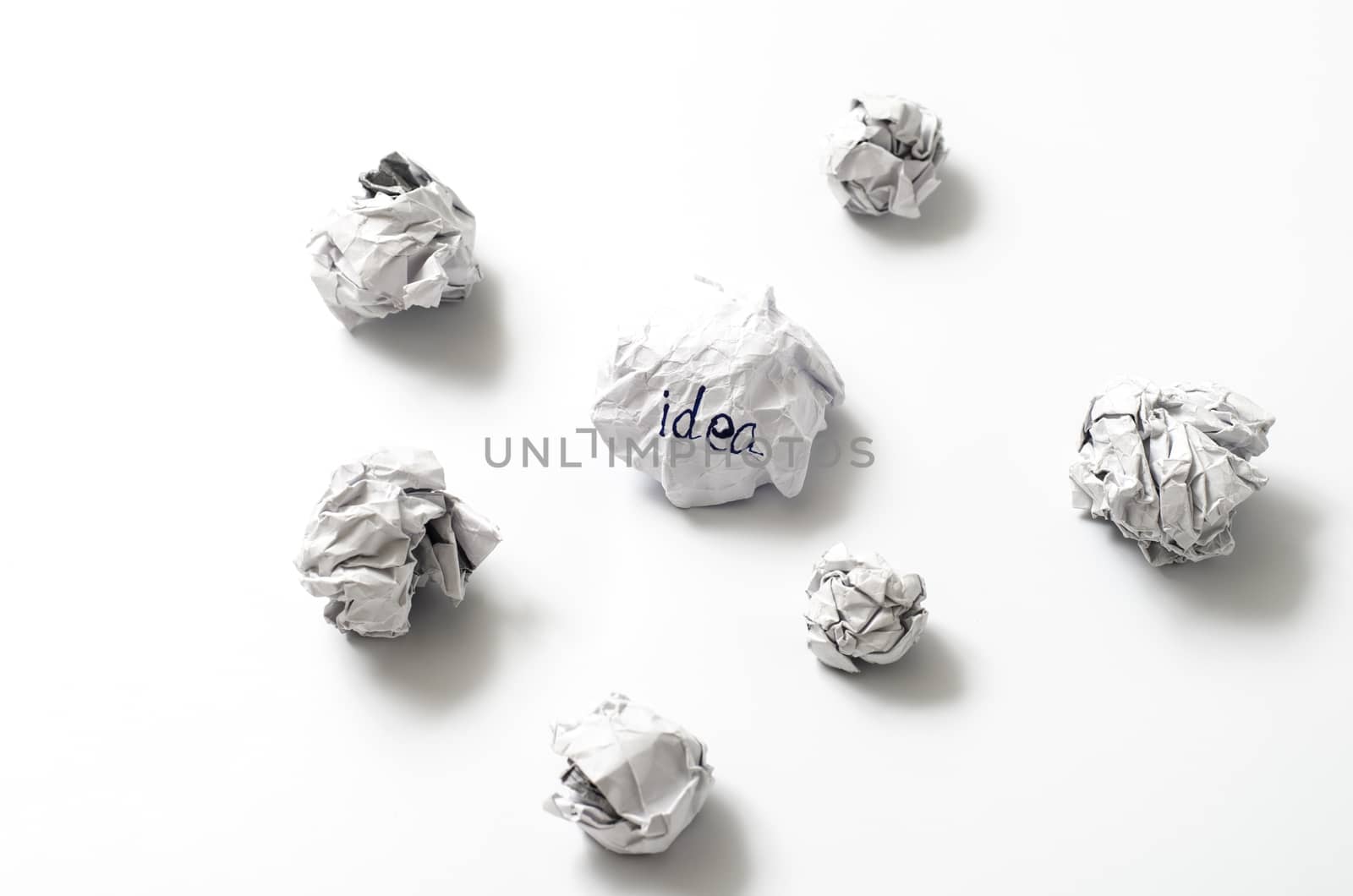 white crumpled paper ball focus idea word on a white background