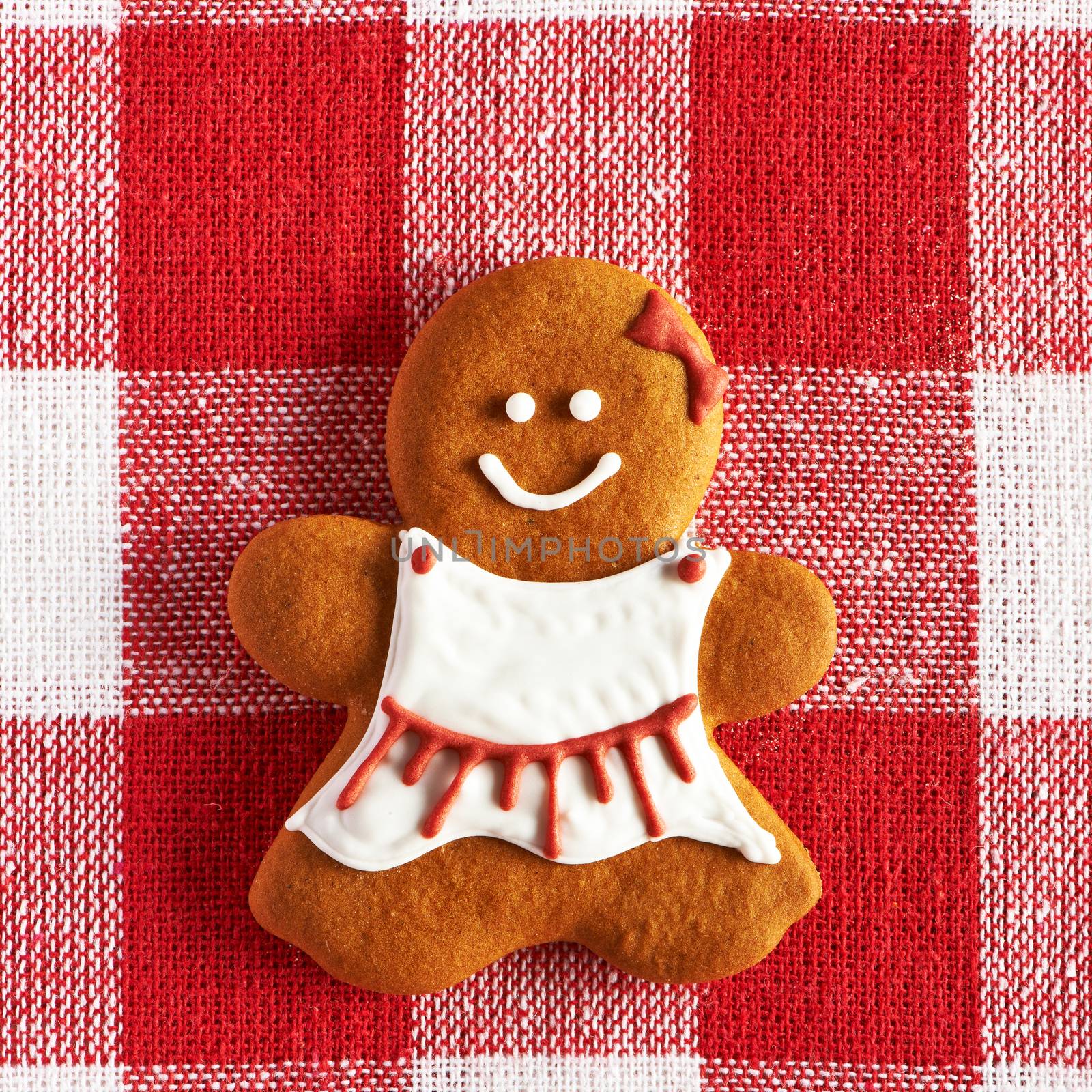 Christmas homemade gingerbread girl on tablecloth