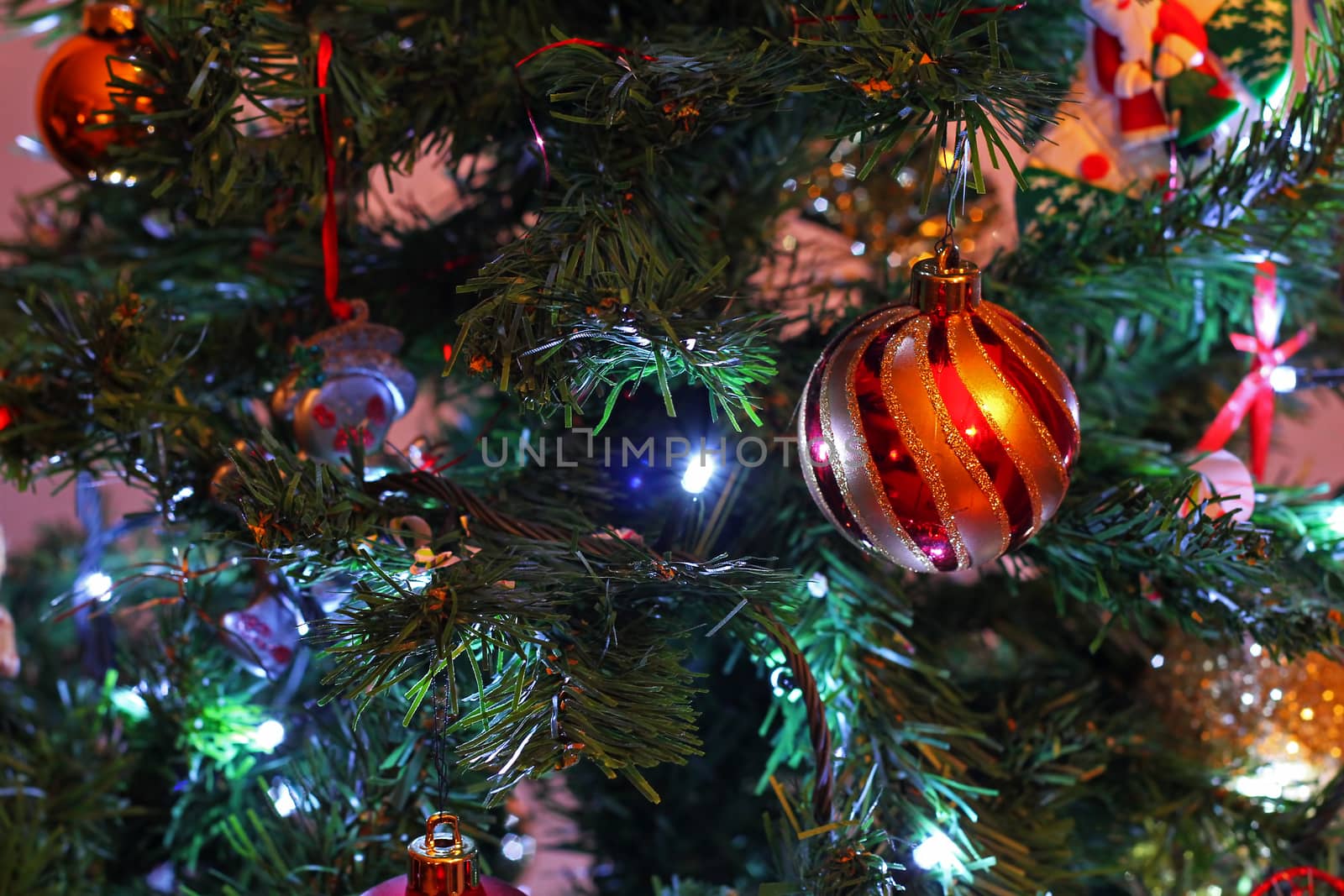 a single, isolated, red and gold striped chirstmas bauble, against a colorful tree