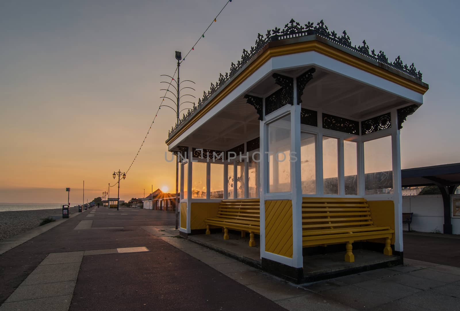 UK beach front shelter at sunset by gary_parker