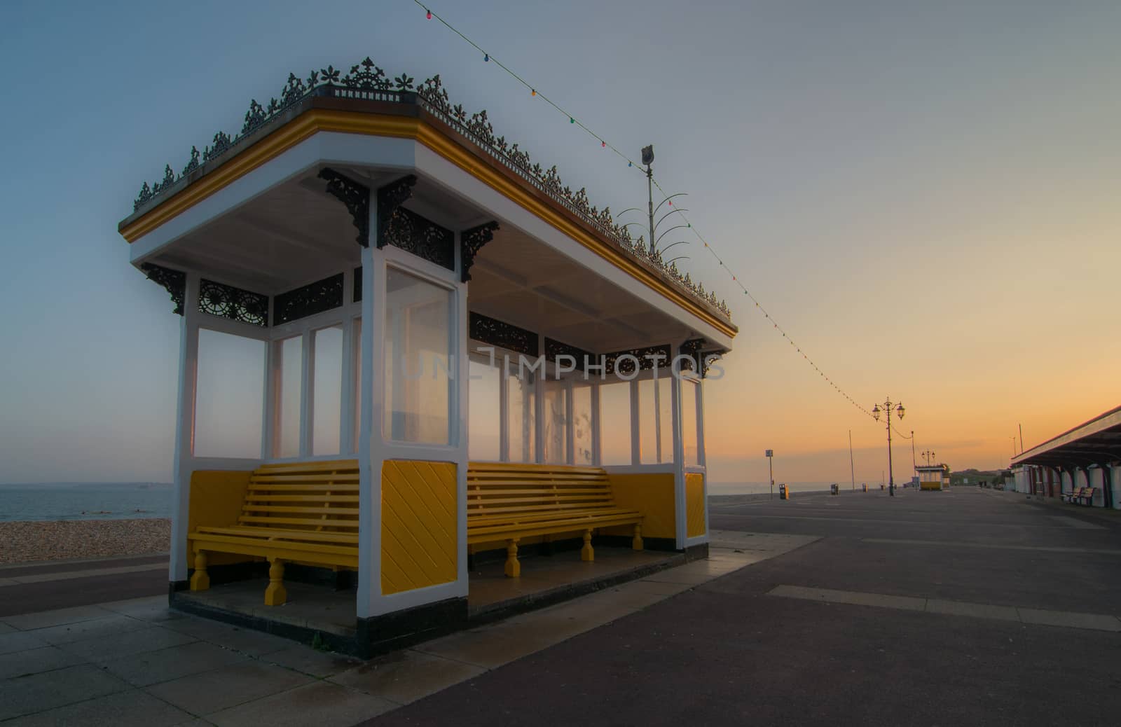 UK beach front shelter at sunset by gary_parker