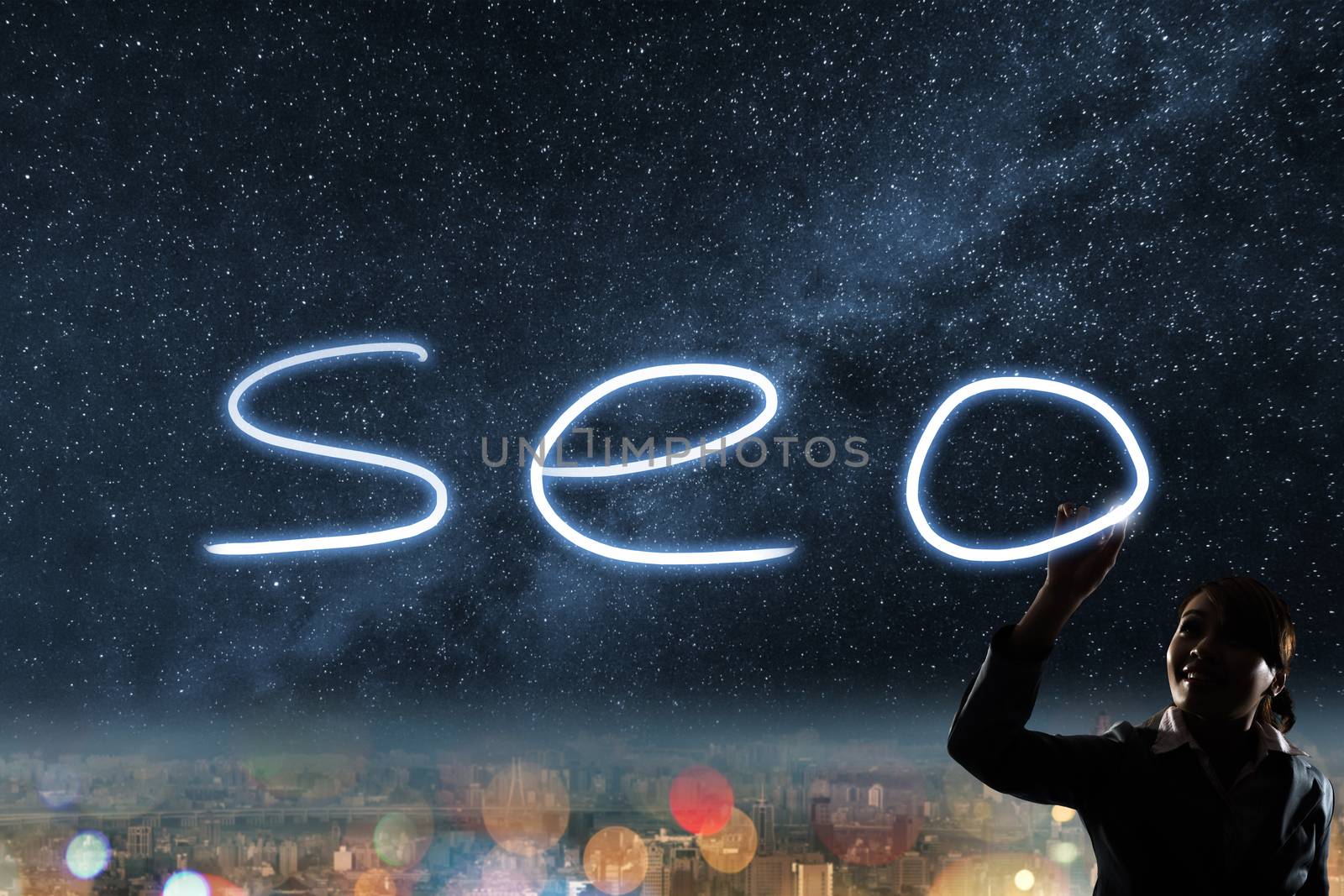 Concept of seo, silhouette asian business woman light drawing.