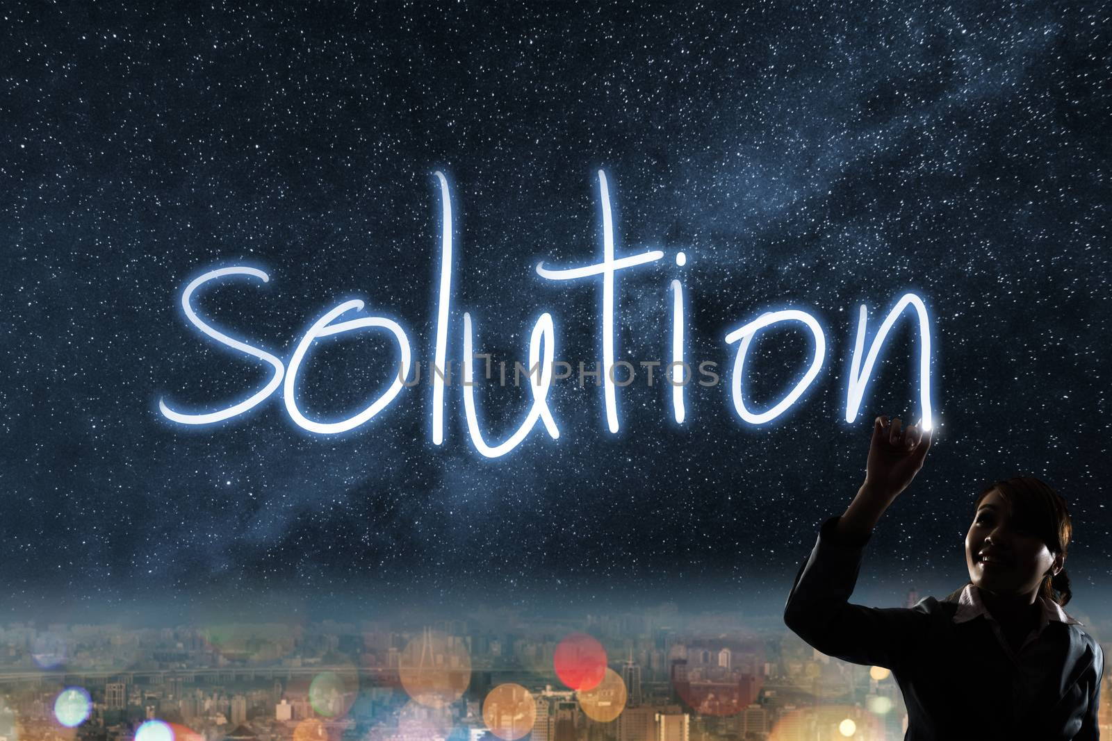 Concept of solution, silhouette asian business woman light drawing.