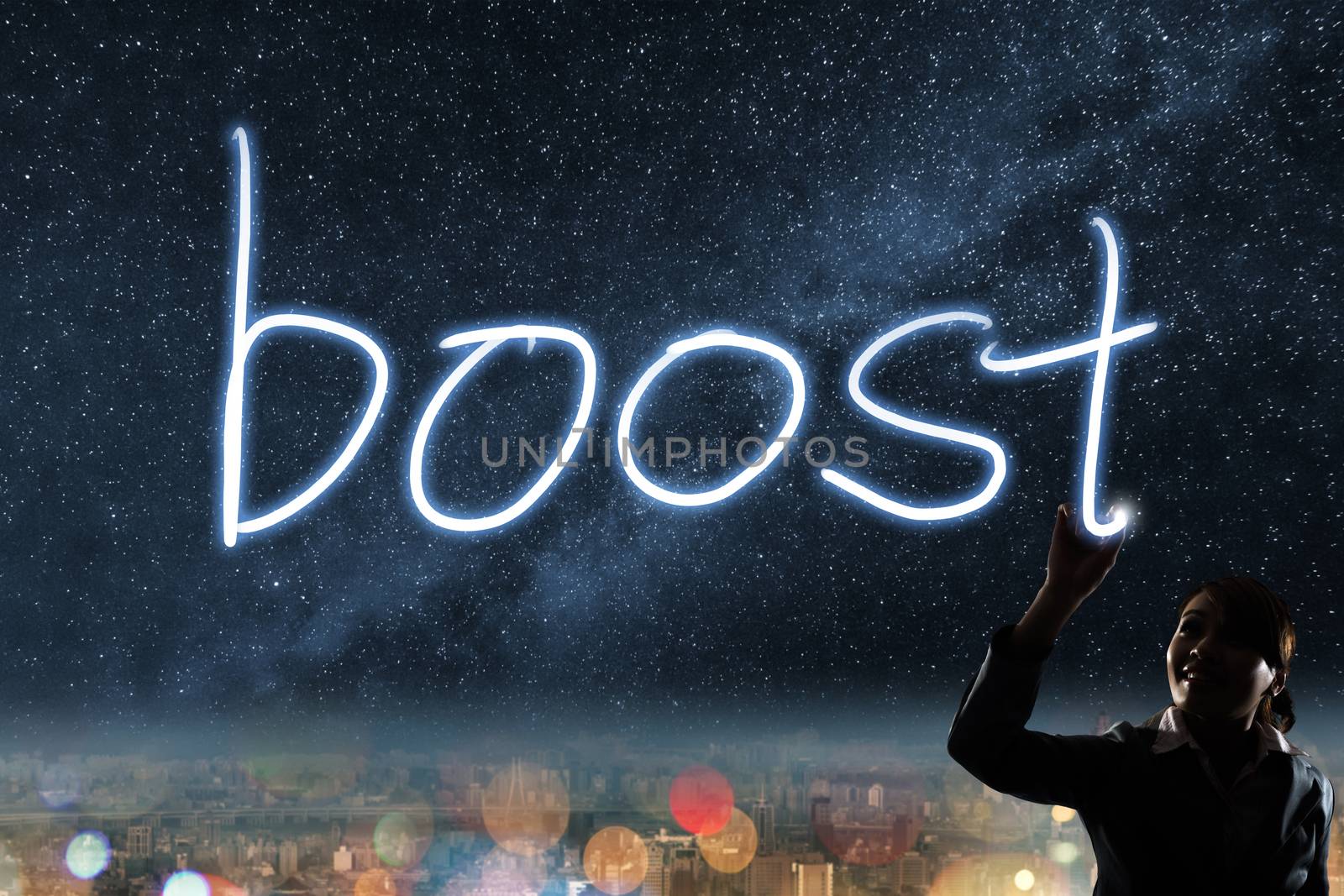 Concept of boost, silhouette asian business woman light drawing.