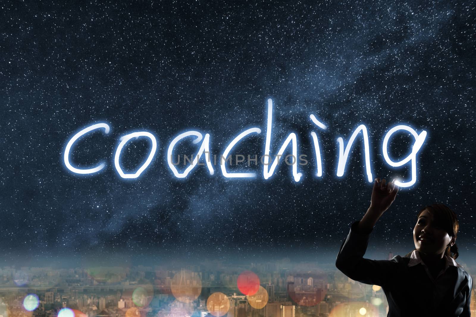 Concept of coaching, silhouette asian business woman light drawing.