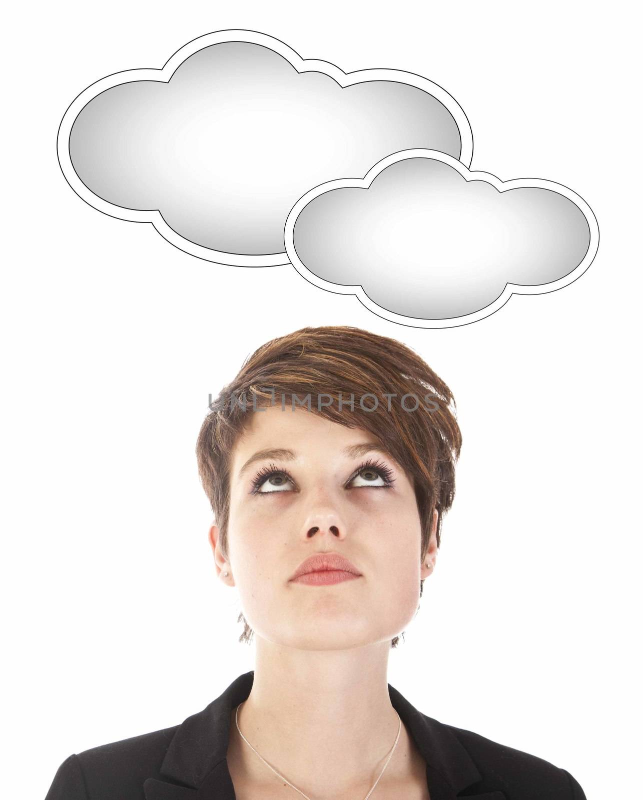 Young woman looking at cloud isolated on white background