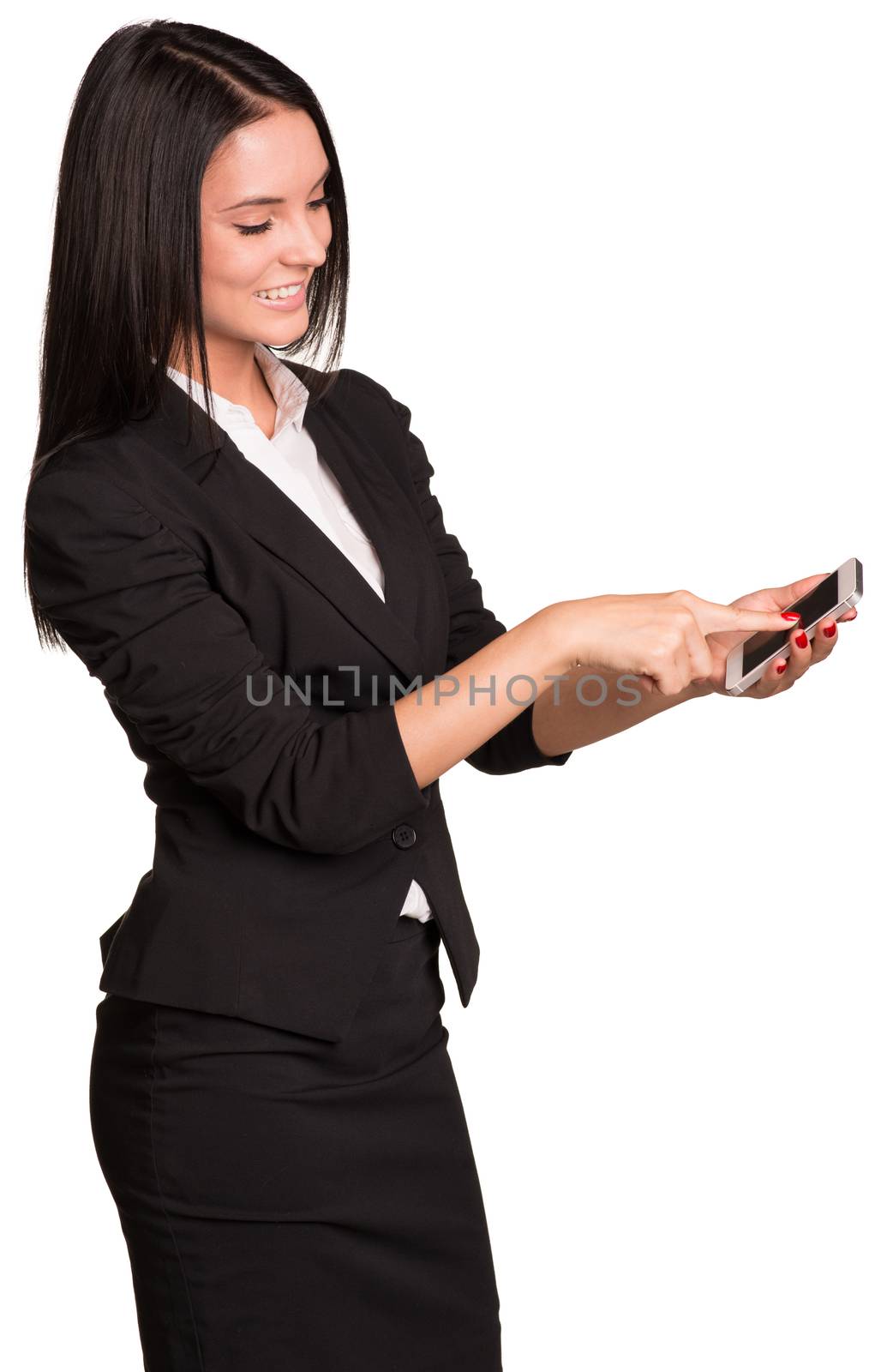 Beautiful businesswomen in suit using smart phone. Isolated on white background