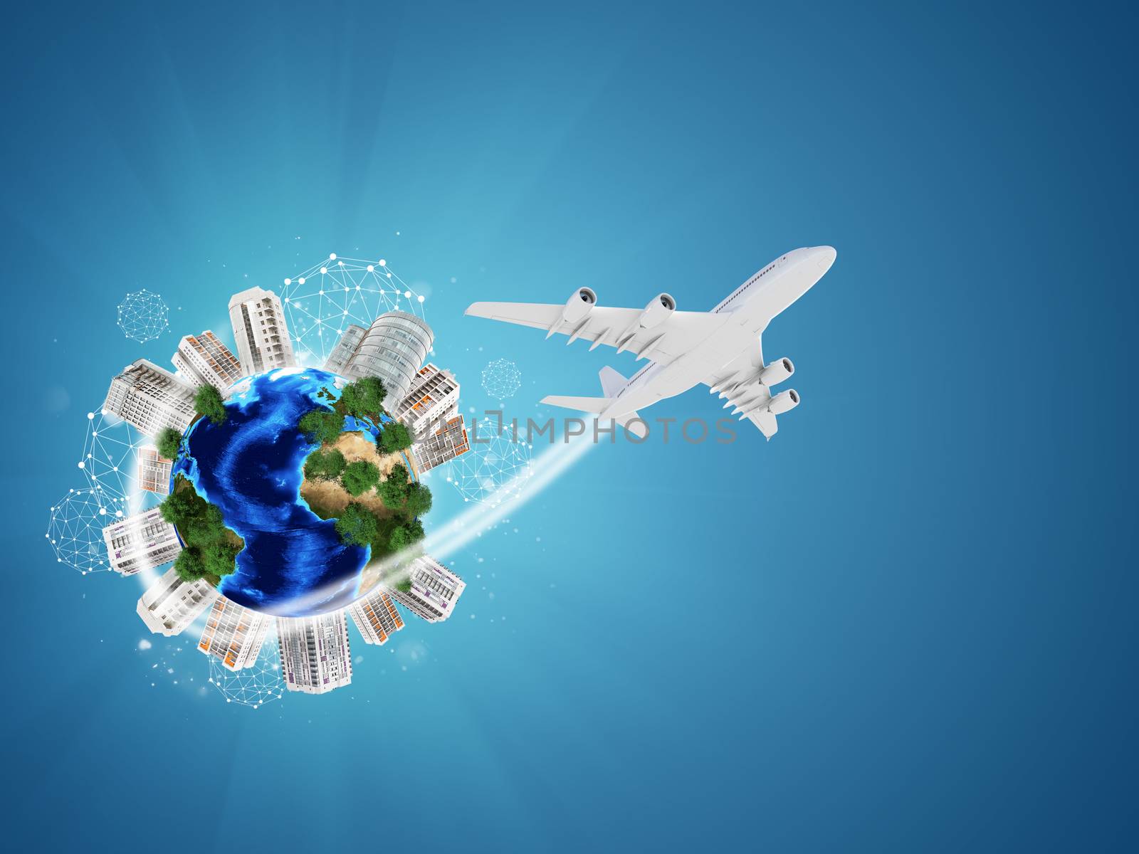 Earth with buildings on surface. Airplane and network icons by cherezoff