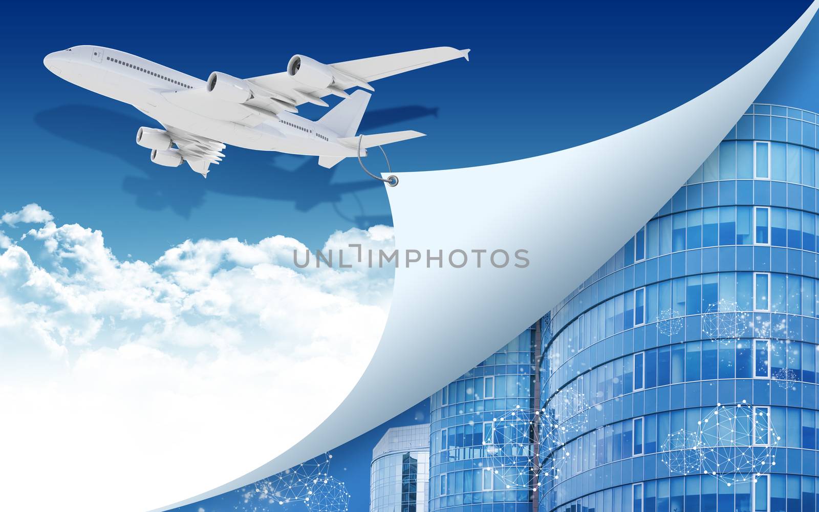 Airplane pulls the rope edge of paper. Buildings as backdrop