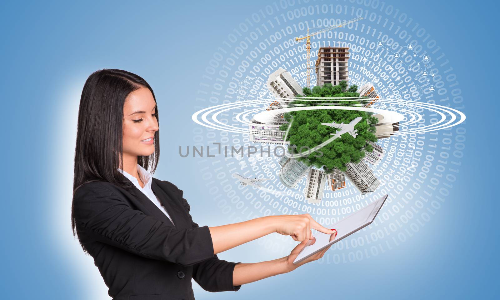 Beautiful businesswomen in suit using digital tablet. Green Earth with buildings, construction site and airplanes